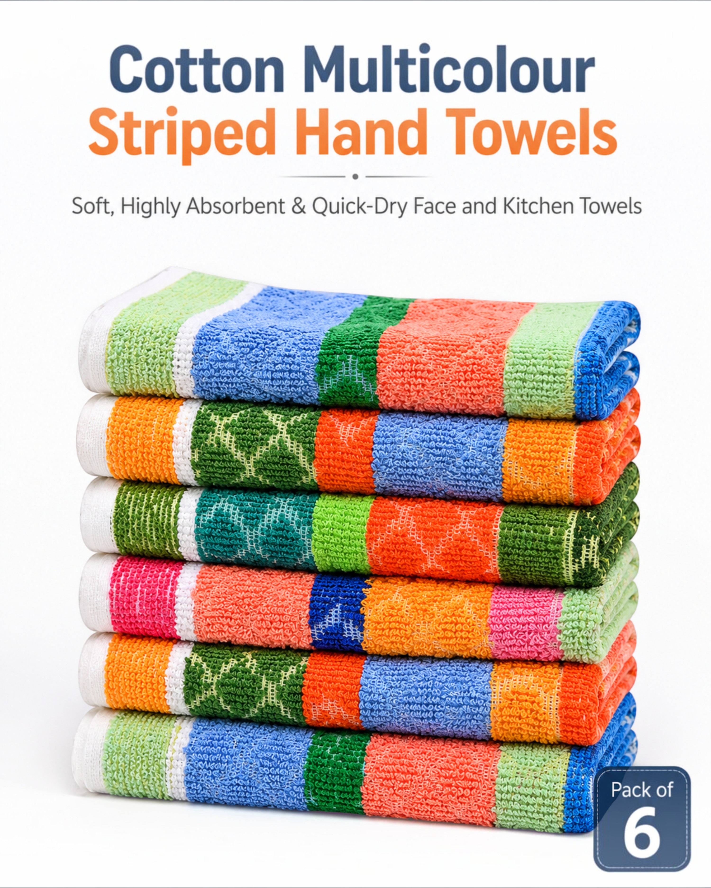 Cotton Multicolour Striped Hand Towels, Soft Highly Absorbent Quick-Dry Face and Kitchen Napkins, 9×9, 11×17 or 13×20 Inch, Pack of 6 or 12