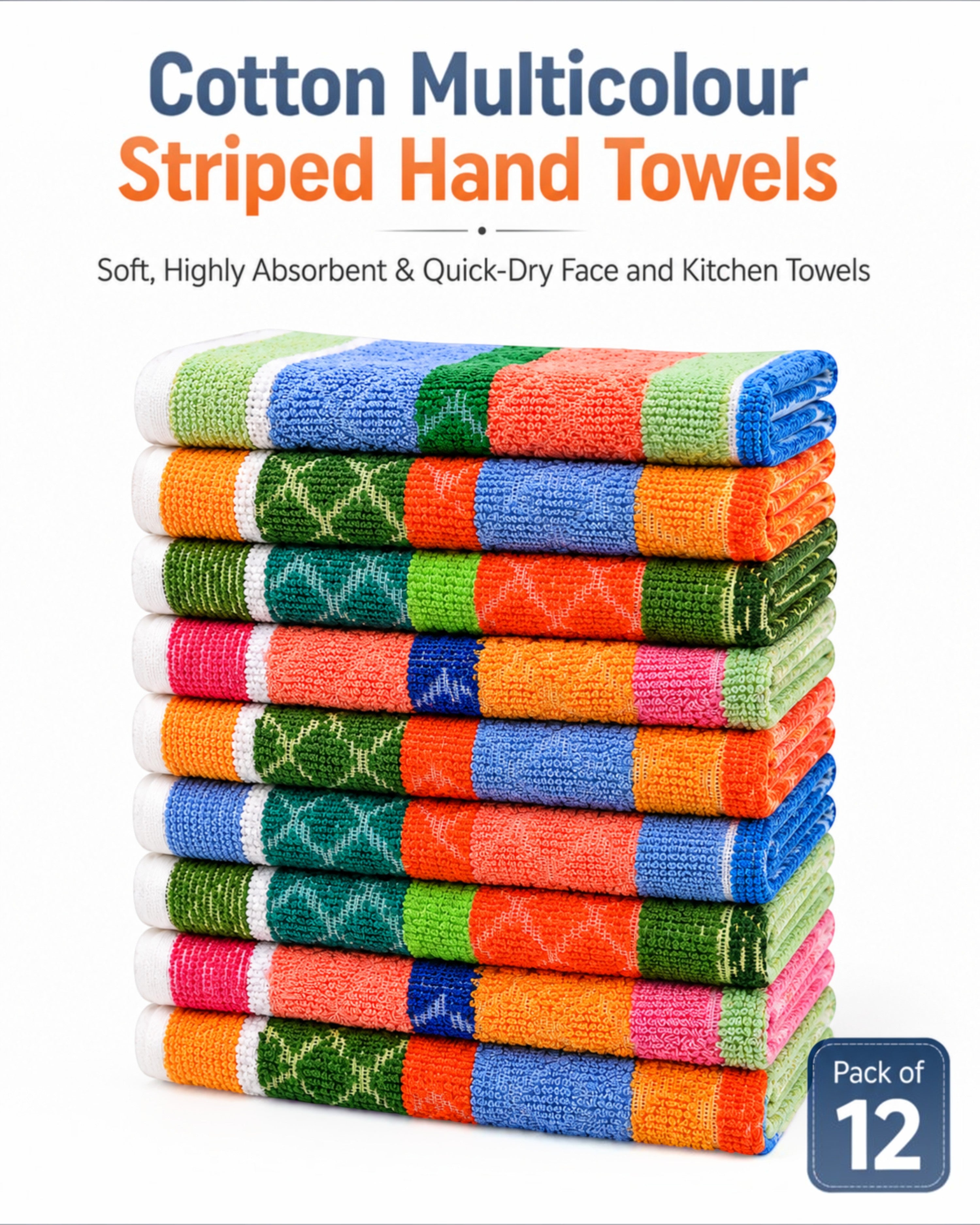 Cotton Multicolour Striped Hand Towels, Soft Highly Absorbent Quick-Dry Face and Kitchen Napkins, 9×9, 11×17 or 13×20 Inch, Pack of 6 or 12