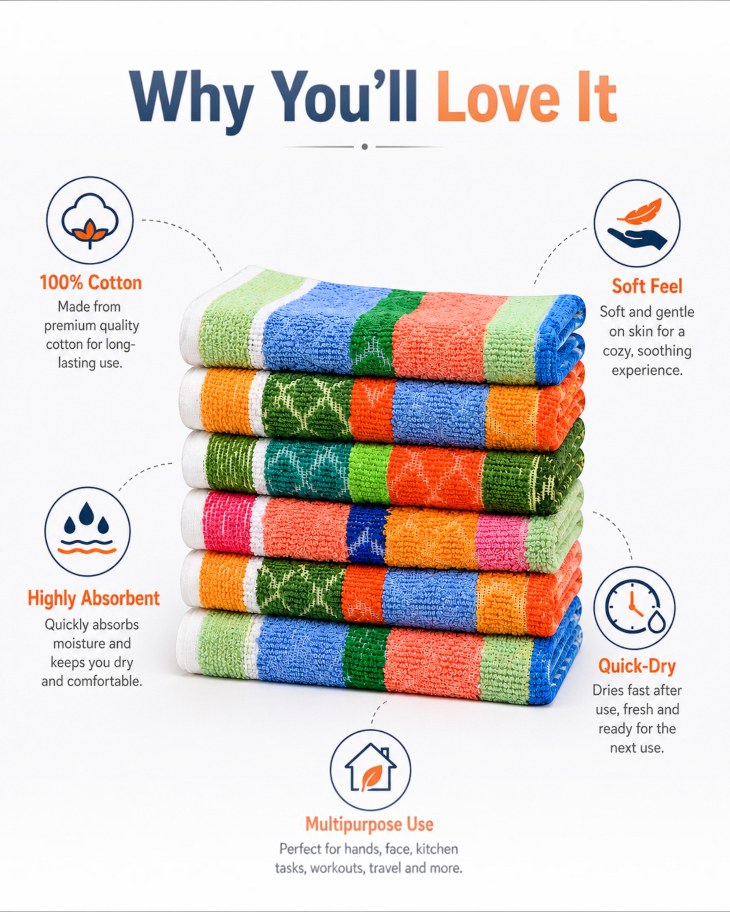 Cotton Multicolour Striped Hand Towels, Soft Highly Absorbent Quick-Dry Face and Kitchen Napkins, 9×9, 11×17 or 13×20 Inch, Pack of 6 or 12