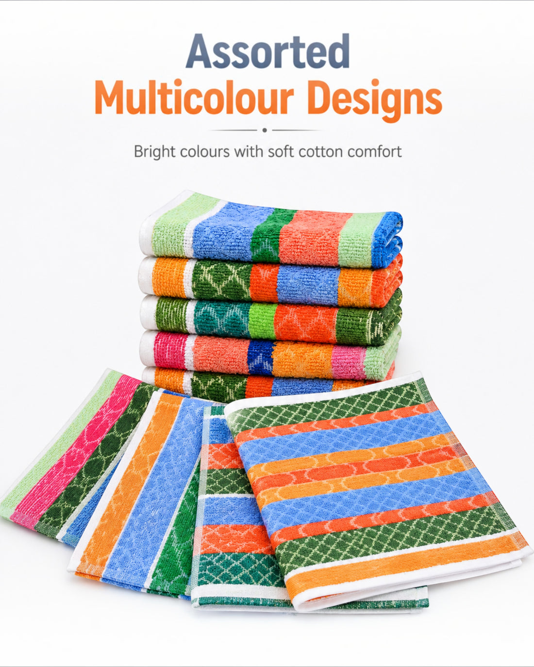 Cotton Multicolour Striped Hand Towels, Soft Highly Absorbent Quick-Dry Face and Kitchen Napkins, 9×9, 11×17 or