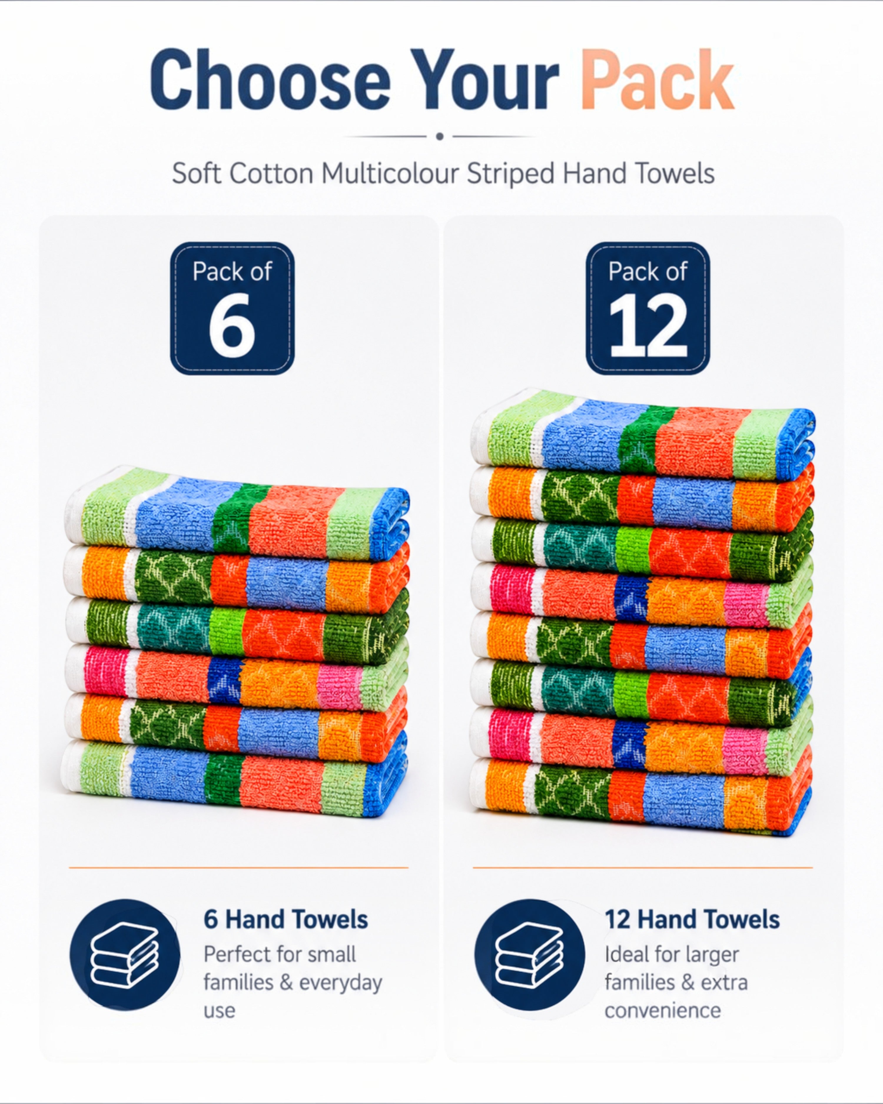 Cotton Multicolour Striped Hand Towels, Soft Highly Absorbent Quick-Dry Face and Kitchen Napkins, 9×9, 11×17 or 13×20 Inch, Pack of 6 or 12
