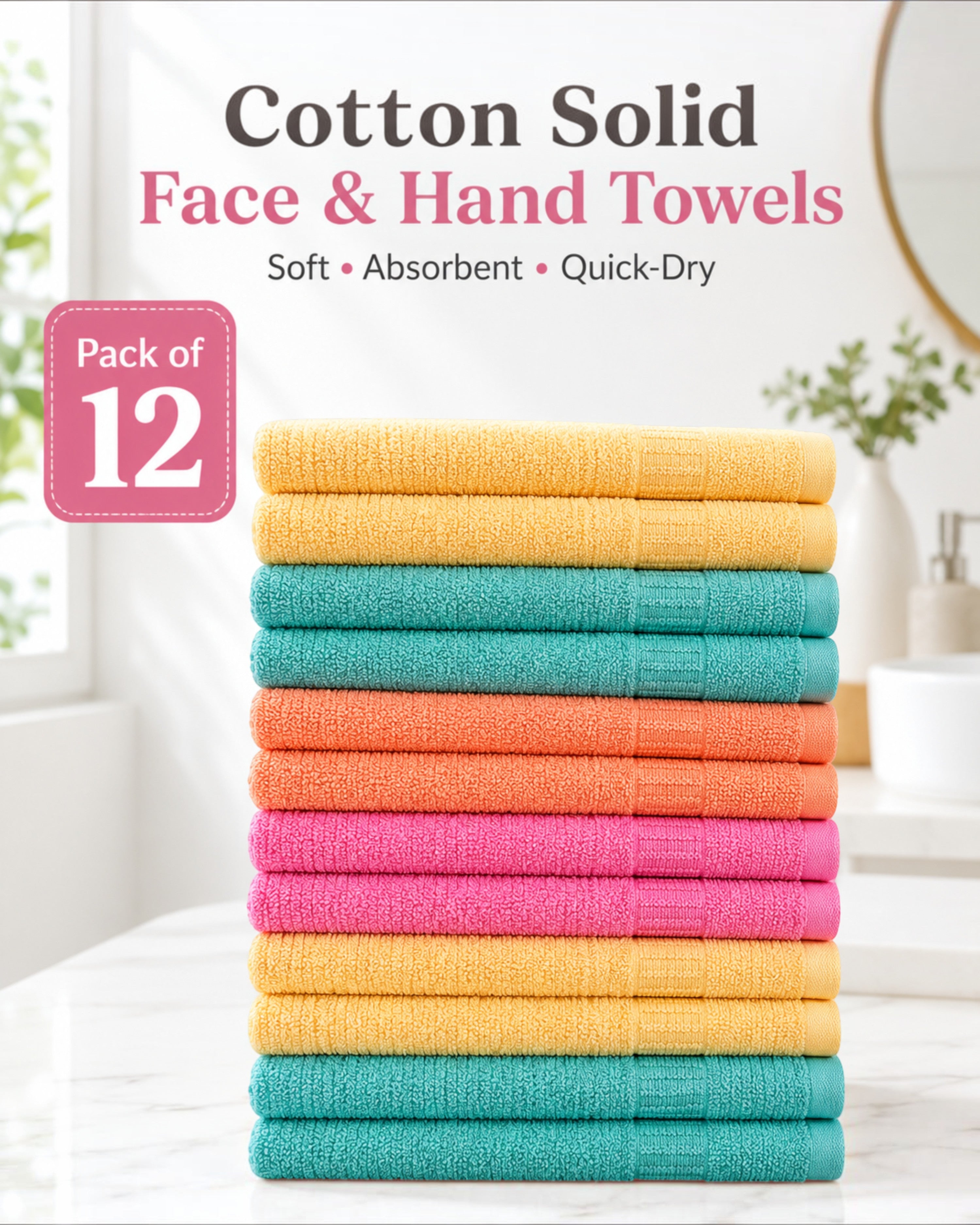 Cotton Solid Face & Hand Towels – Soft, Absorbent and Quick-Dry Rumal for Men & Women – 9×9, 11×17 & 13×20 Inch, Pack of 6/12