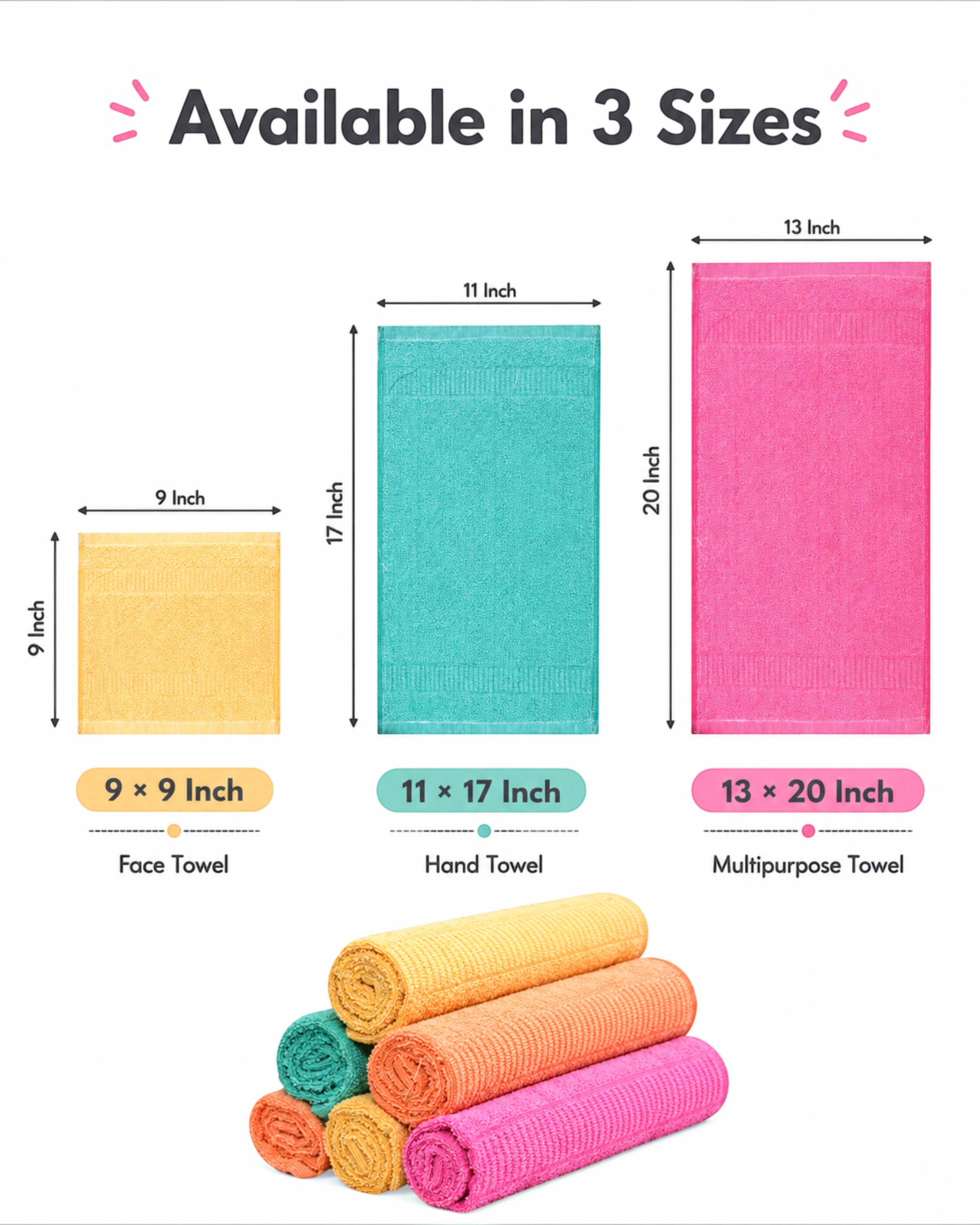 Cotton Solid Face & Hand Towels – Soft, Absorbent and Quick-Dry Rumal for Men & Women – 9×9, 11×17 & 13×20 Inch, Pack of 6/12