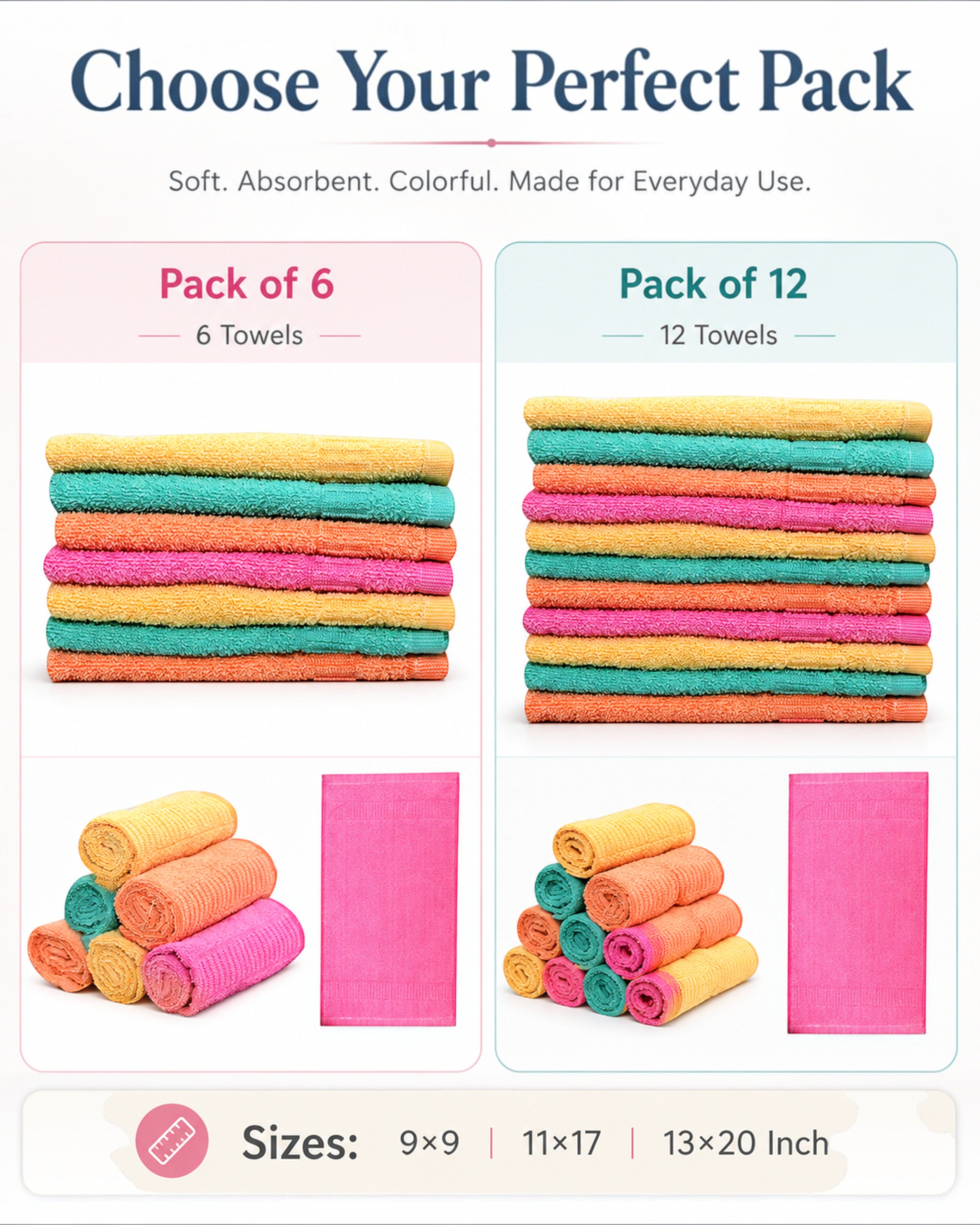 Cotton Solid Face & Hand Towels – Soft, Absorbent and Quick-Dry Rumal for Men & Women – 9×9, 11×17 & 13×20 Inch, Pack of 6/12