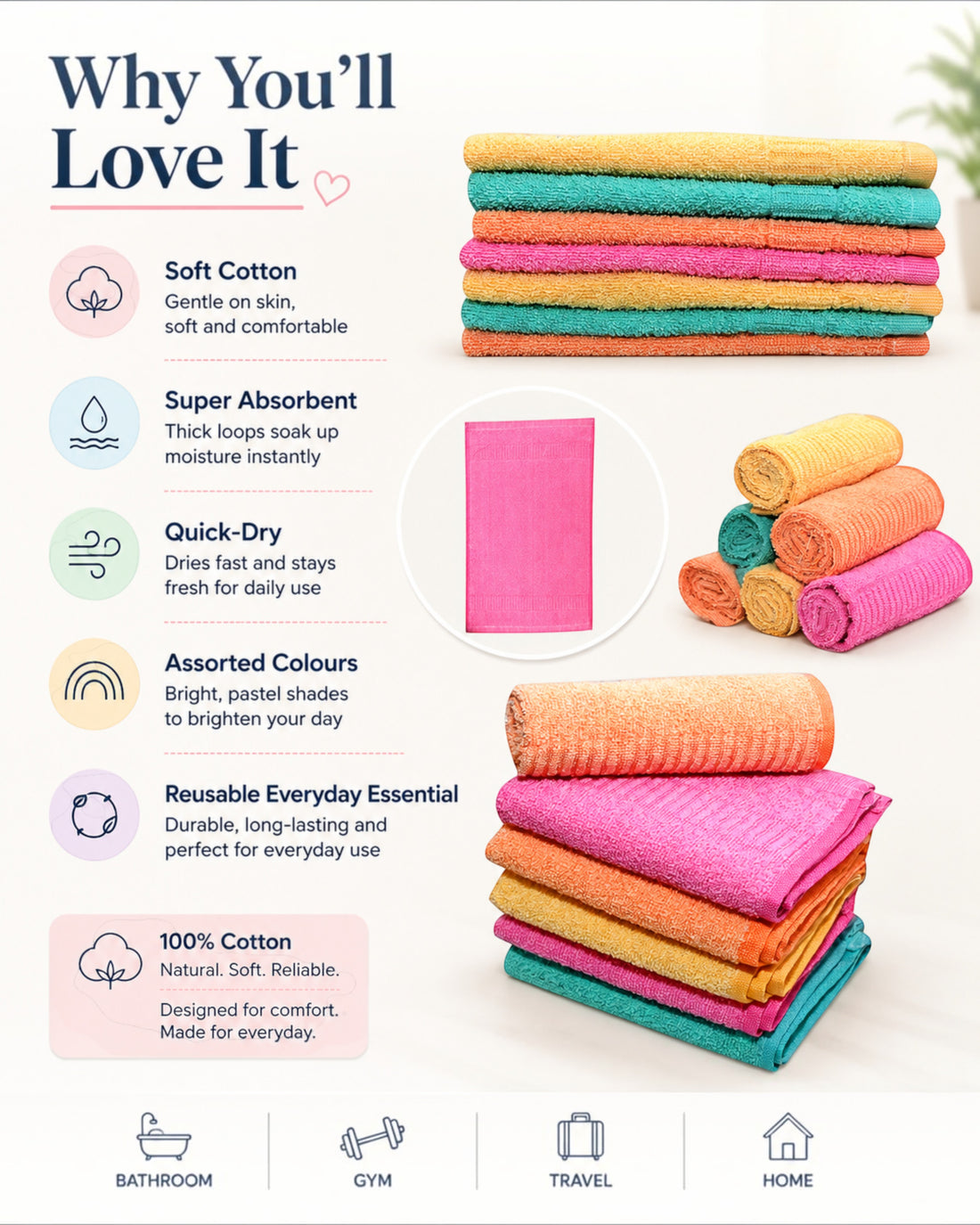 Cotton Solid Face & Hand Towels – Soft, Absorbent and Quick-Dry Rumal for Men & Women – 9×9, 11×17 & 13×20 Inch