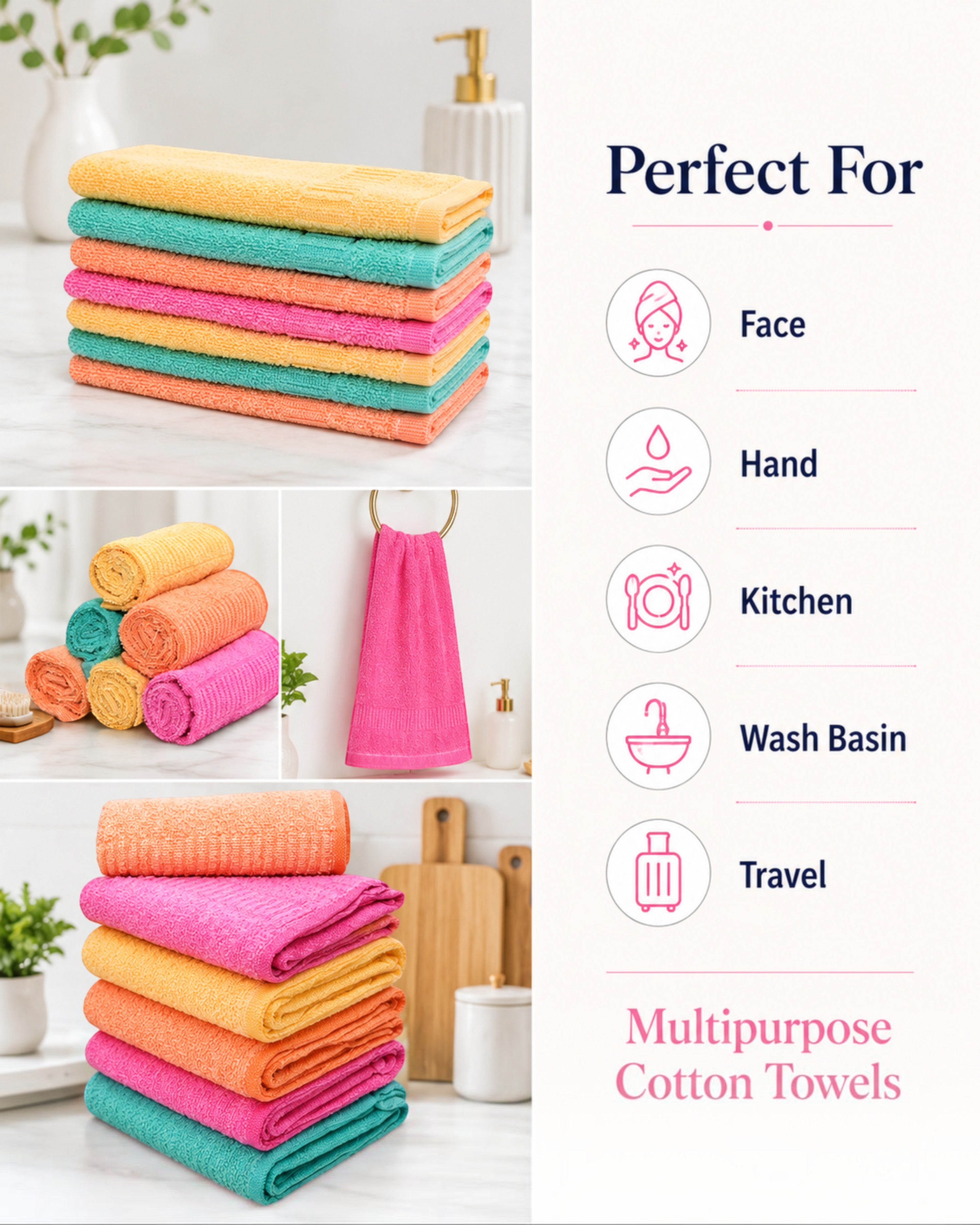 Cotton Solid Face & Hand Towels – Soft, Absorbent and Quick-Dry Rumal for Men & Women – 9×9, 11×17 & 13×20 Inch, Pack of 6/12