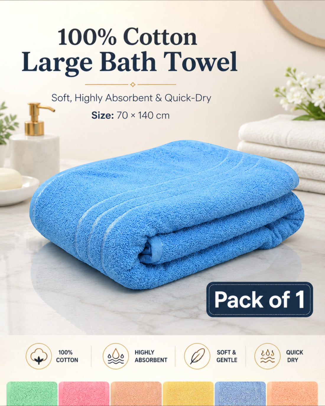 100% Cotton Large Bath Towel for Men & Women – Soft, Highly Absorbent & Quick-Dry – 70×140 cm, 1 Piece, Assorted