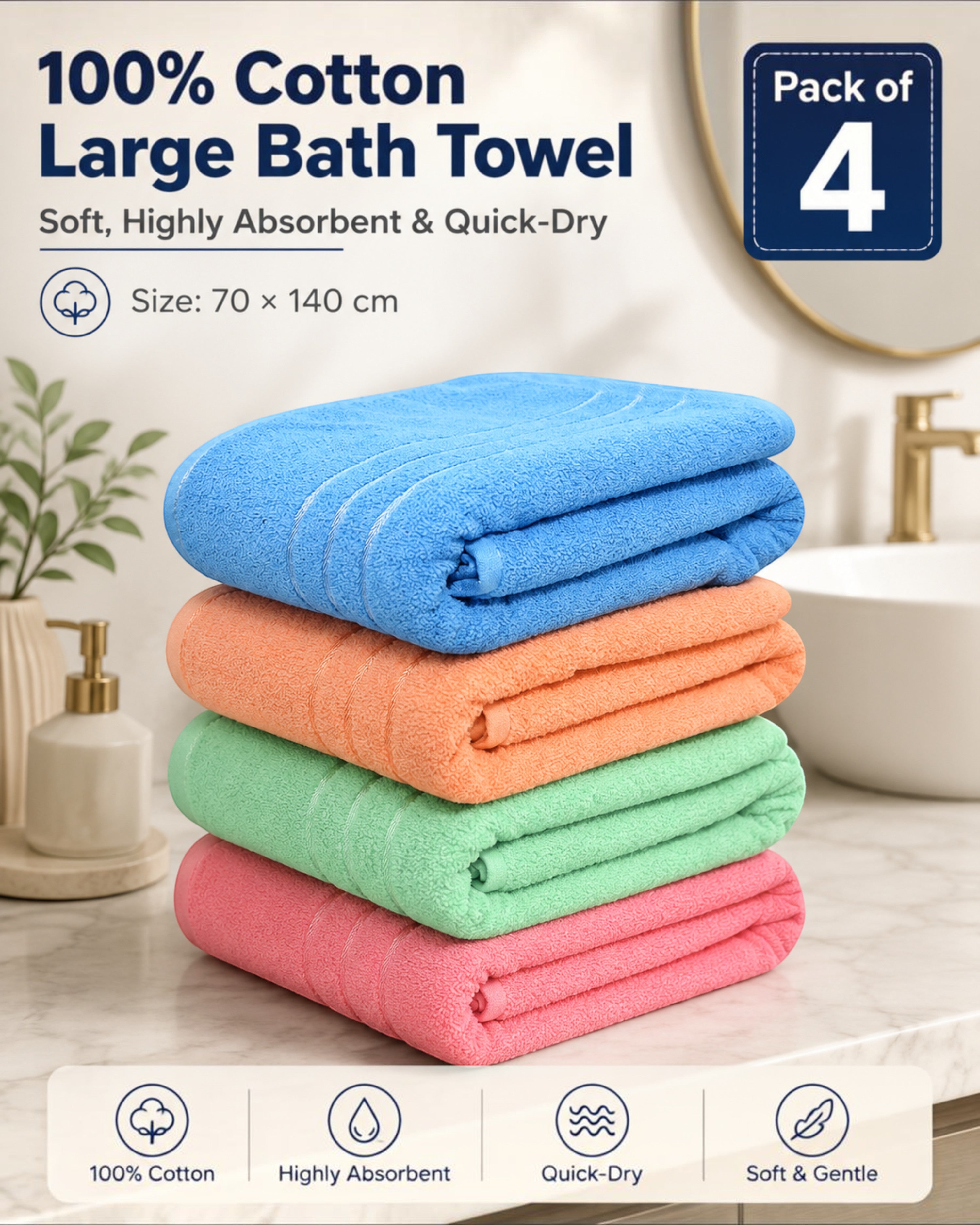 100% Cotton Large Bath Towel for Men & Women – Soft, Highly Absorbent & Quick-Dry – 70×140 cm, 1 Piece, Assorted Colours