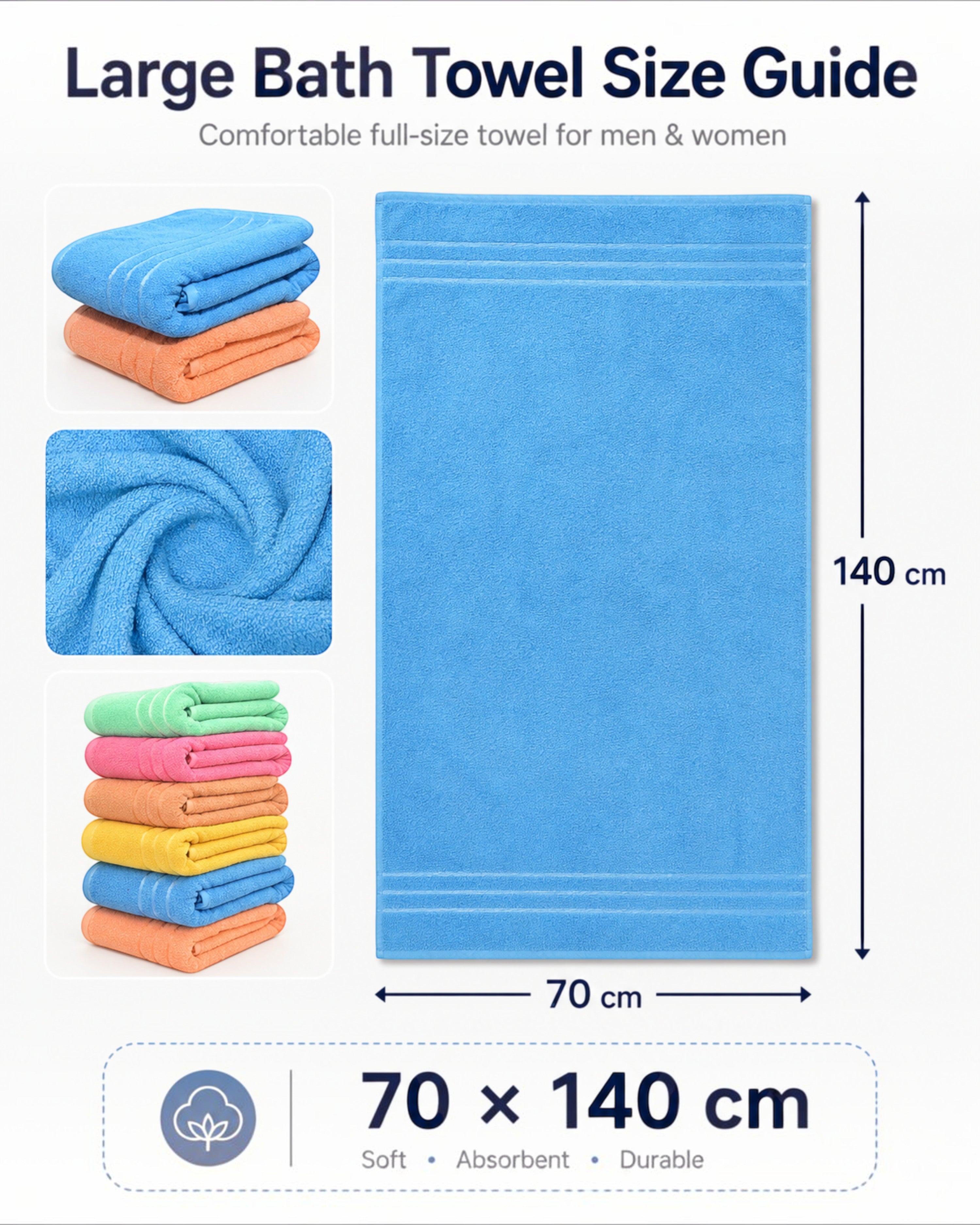 100% Cotton Large Bath Towel for Men & Women – Soft, Highly Absorbent & Quick-Dry – 70×140 cm, 1 Piece, Assorted Colours