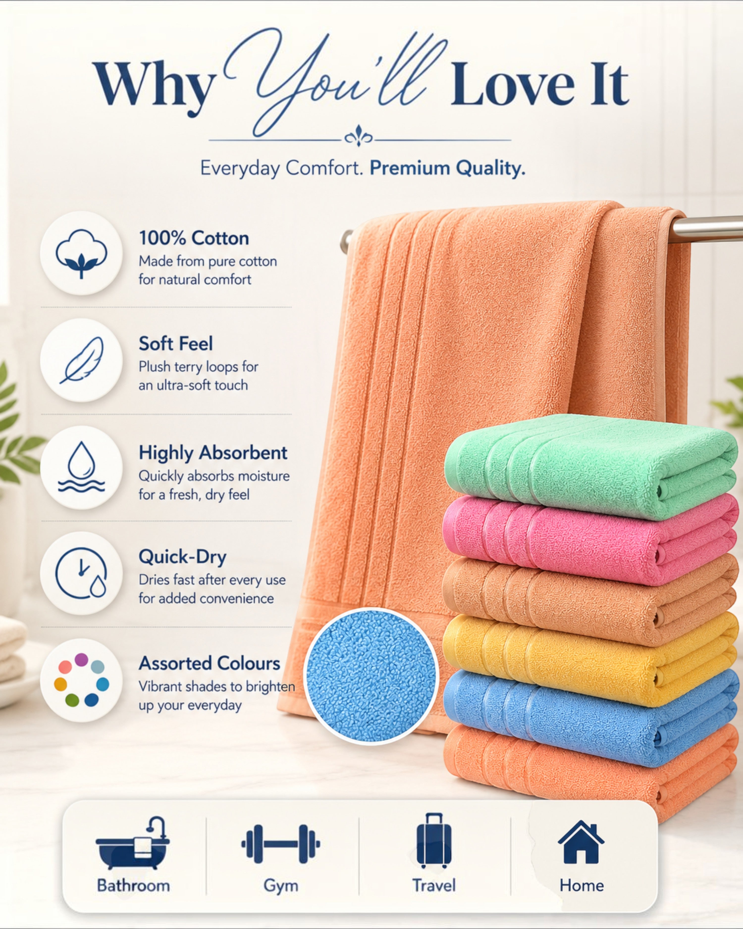 100% Cotton Large Bath Towel for Men & Women – Soft, Highly Absorbent & Quick-Dry – 70×140 cm, 1 Piece, Assorted Colours