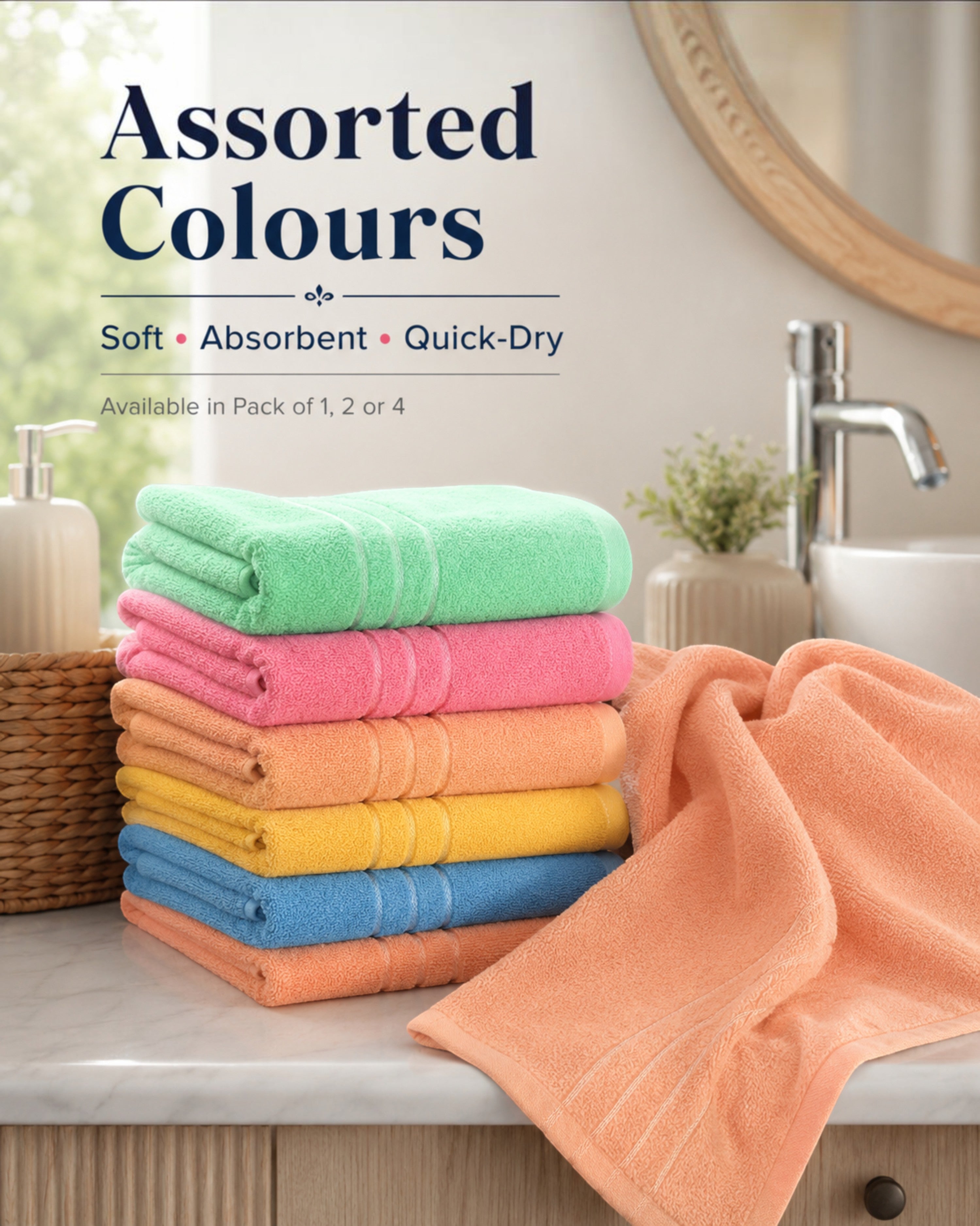 100% Cotton Large Bath Towel for Men & Women – Soft, Highly Absorbent & Quick-Dry – 70×140 cm, 1 Piece, Assorted Colours