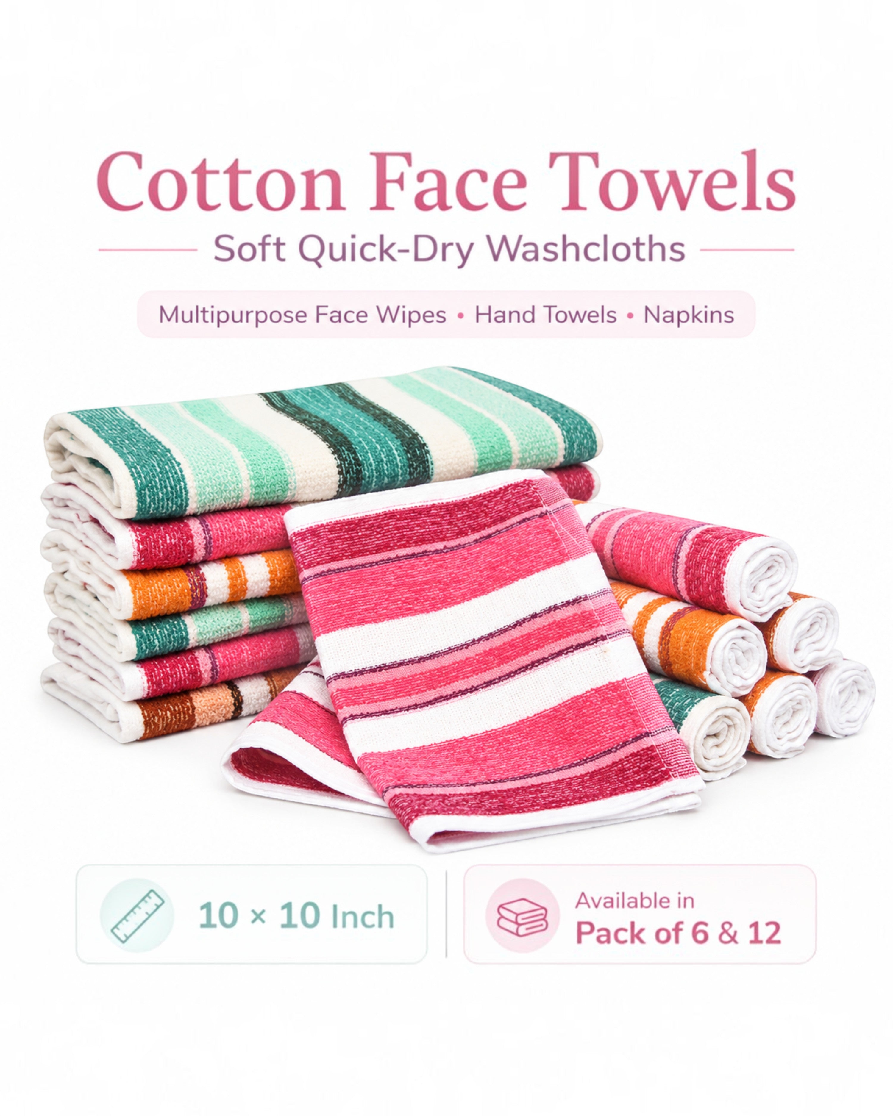 Cotton Face Towels for Men, Women & Kids, Soft Quick-Dry Washcloths, Multipurpose Face Wipes, Hand Towels and Napkins, Assorted Colours, 10×10 Inch