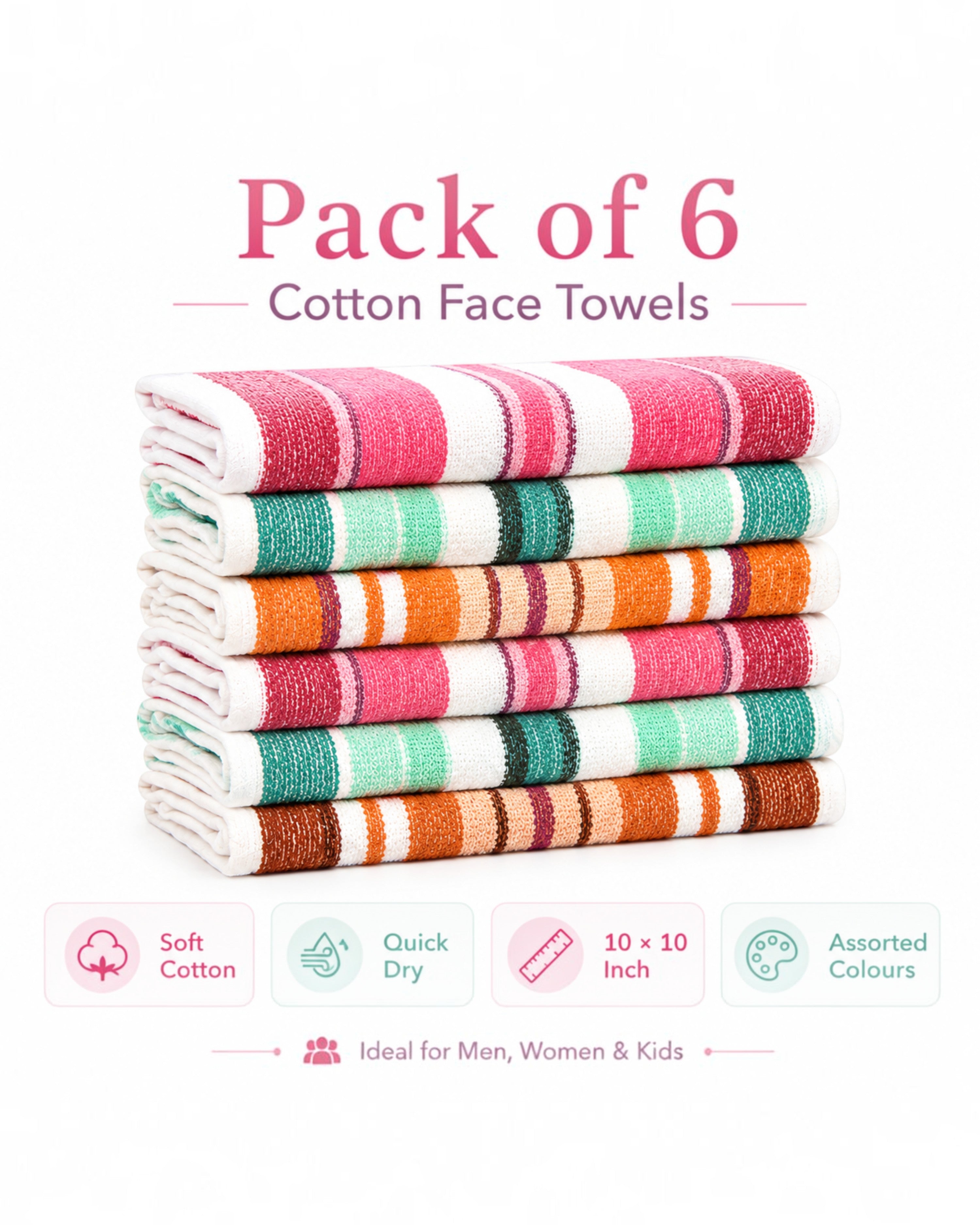 Cotton Face Towels for Men, Women & Kids, Soft Quick-Dry Washcloths, Multipurpose Face Wipes, Hand Towels and Napkins, Assorted Colours, 10×10 Inch