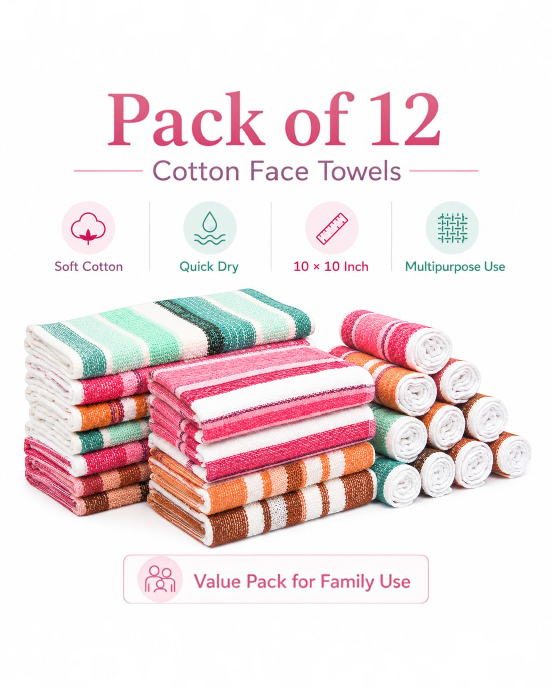 Cotton Face Towels for Men, Women & Kids, Soft Quick-Dry Washcloths, Multipurpose Face Wipes, Hand Towels and Napkins, Assorted Colours, 10×10 Inch