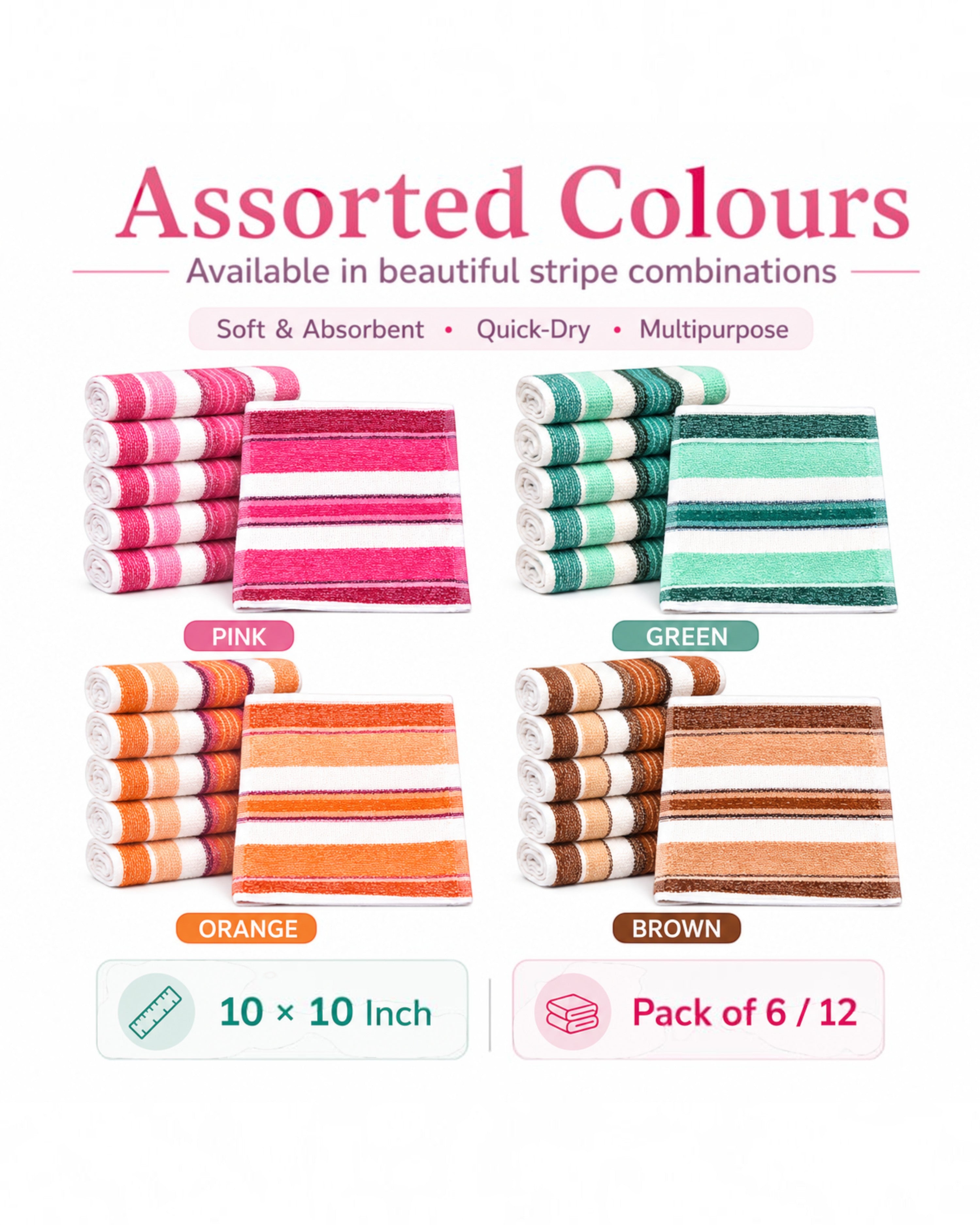 Cotton Face Towels for Men, Women & Kids, Soft Quick-Dry Washcloths, Multipurpose Face Wipes, Hand Towels and Napkins, Assorted Colours, 10×10 Inch