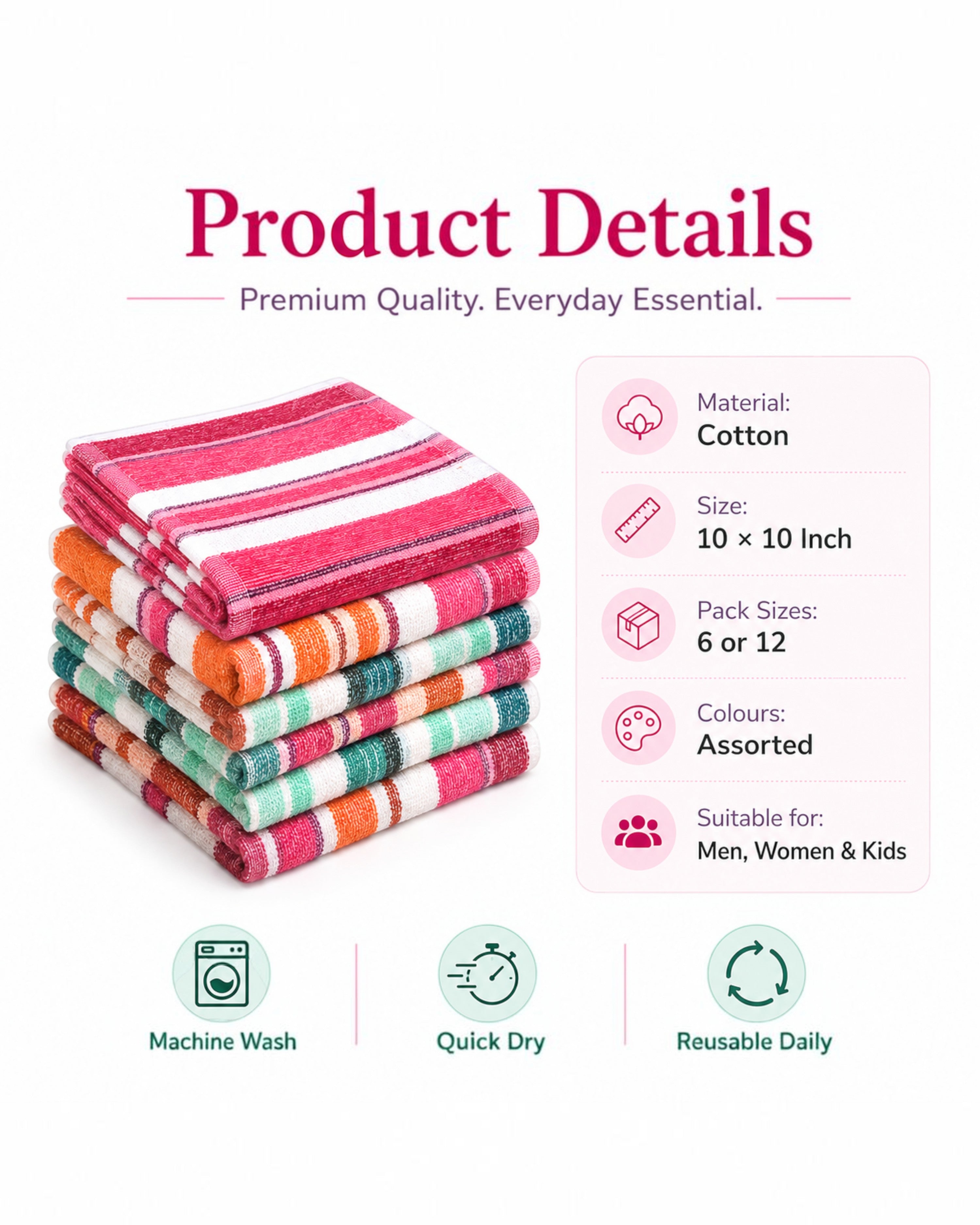 Cotton Face Towels for Men, Women & Kids, Soft Quick-Dry Washcloths, Multipurpose Face Wipes, Hand Towels and Napkins, Assorted Colours, 10×10 Inch