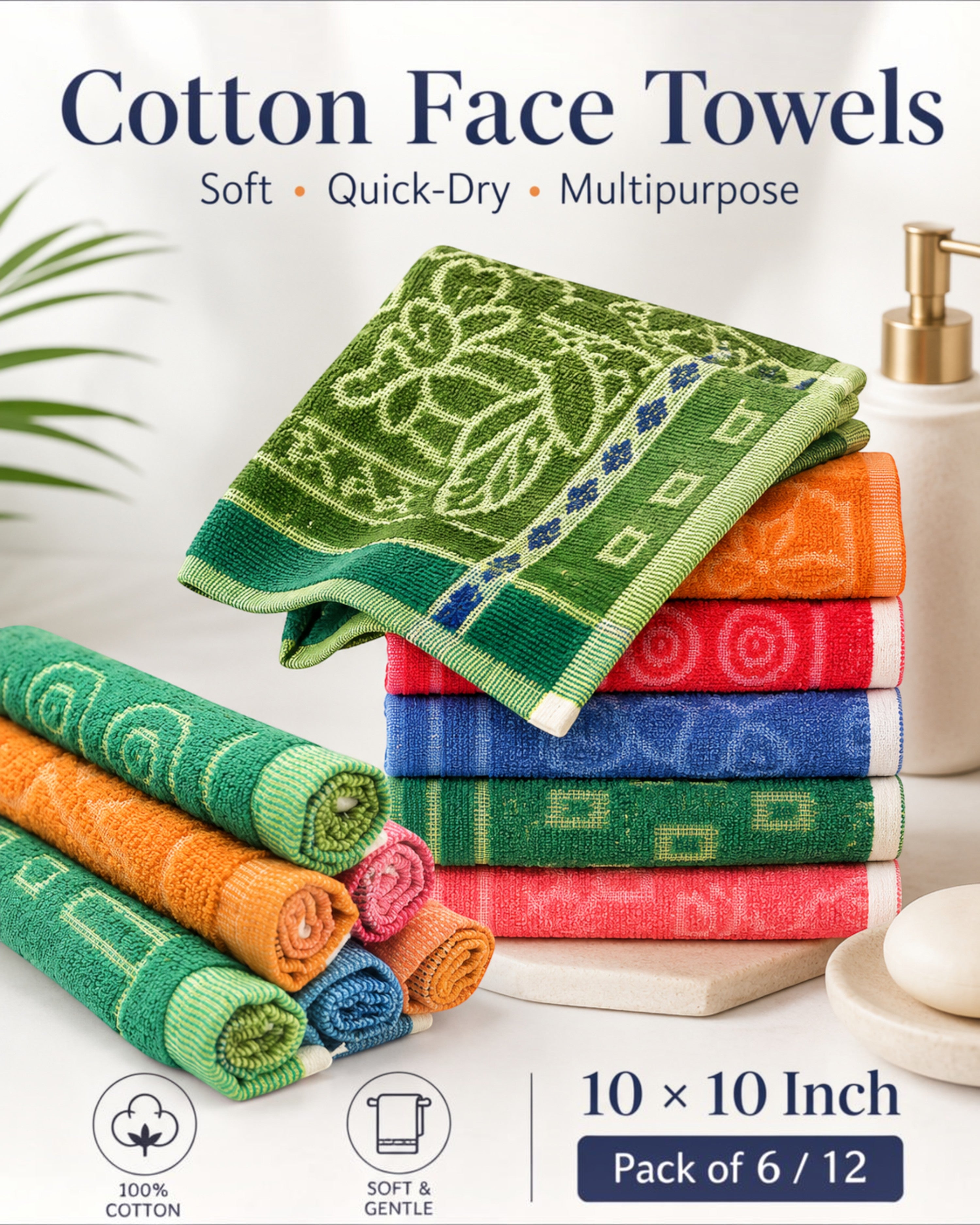 Soft Cotton Face Towels for Men, Women & Kids – 10×10 Inch, Pack of 6/12