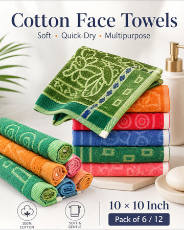 Soft Cotton Face Towels for Men, Women & Kids – 10×10 Inch, Pack of 6/12