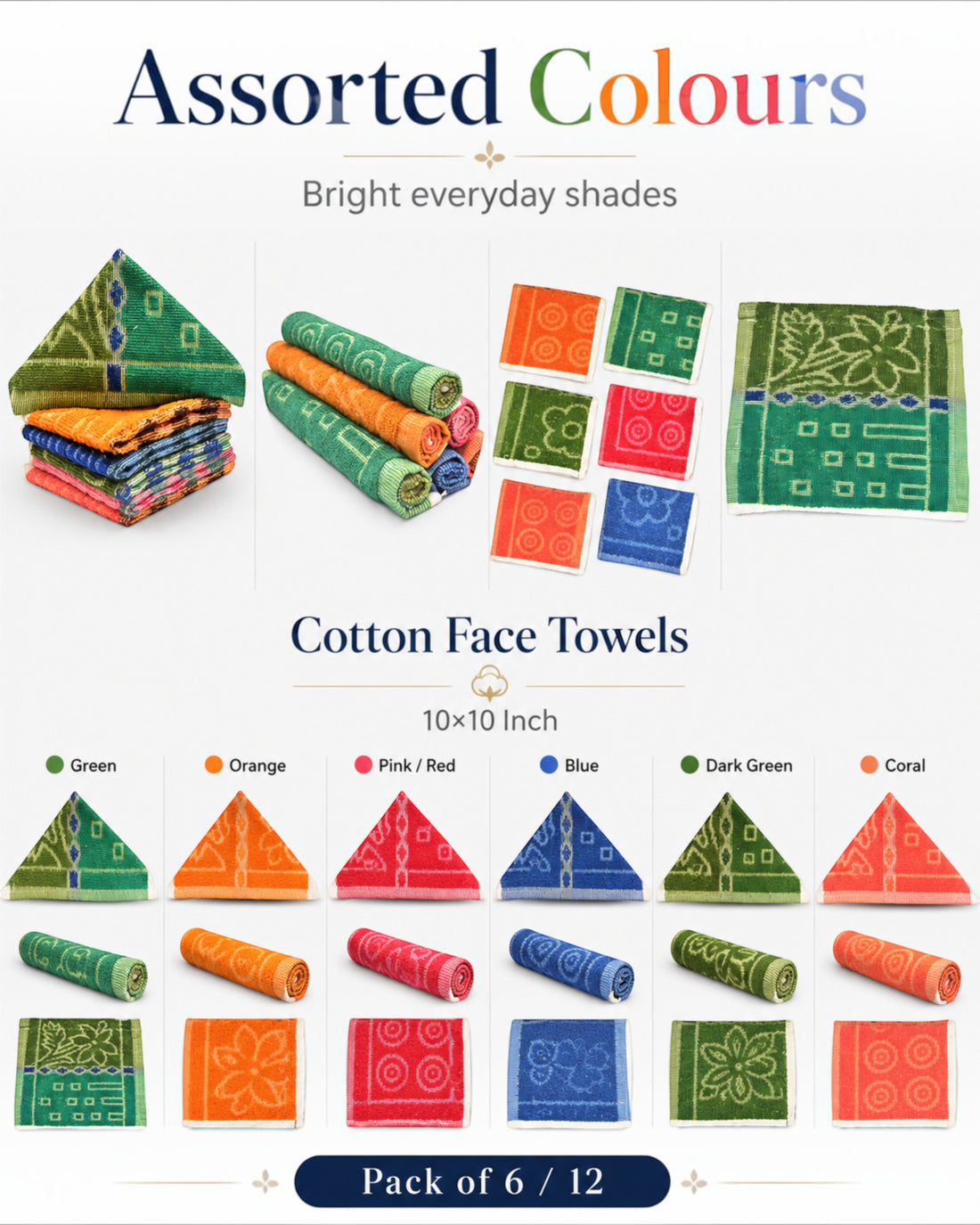 Soft Cotton Face Towels for Men, Women & Kids – 10×10 Inch, Pack of 6/12