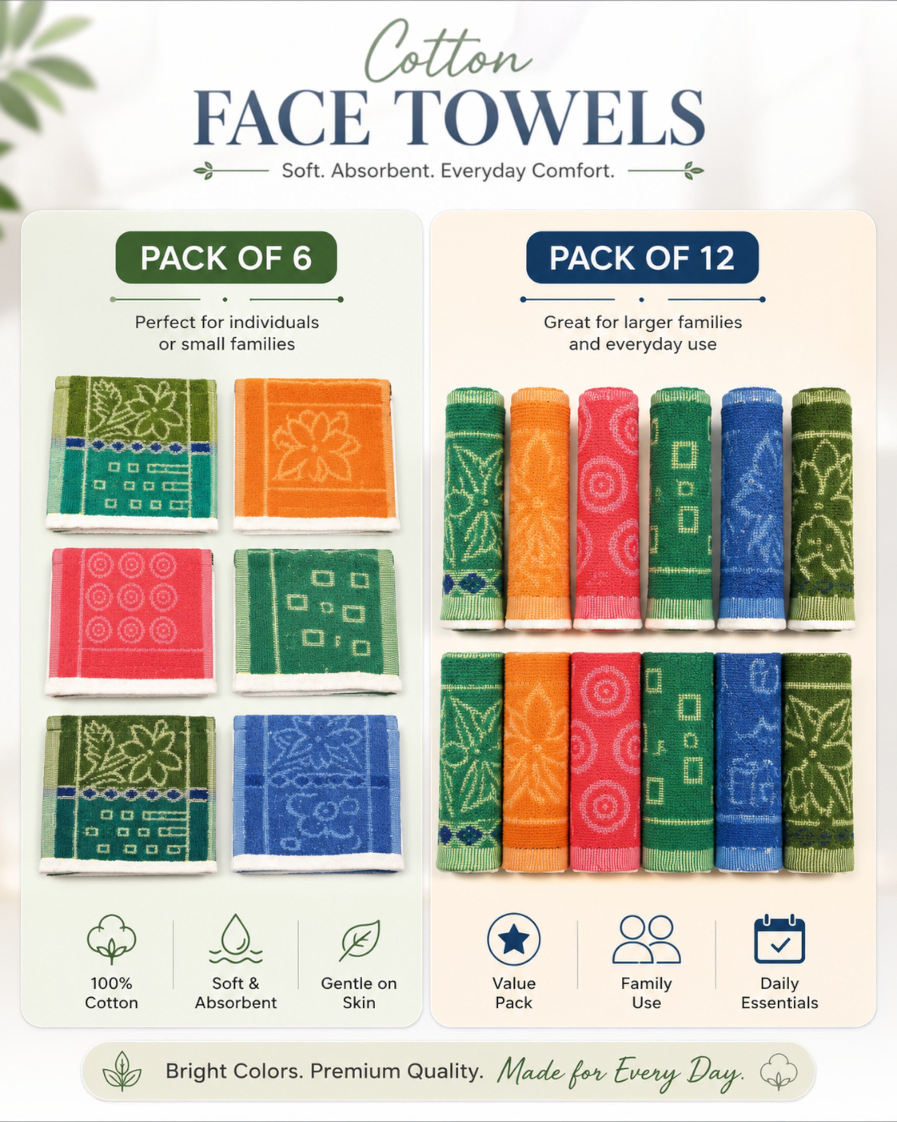 Soft Cotton Face Towels for Men, Women & Kids – 10×10 Inch, Pack of 6/12