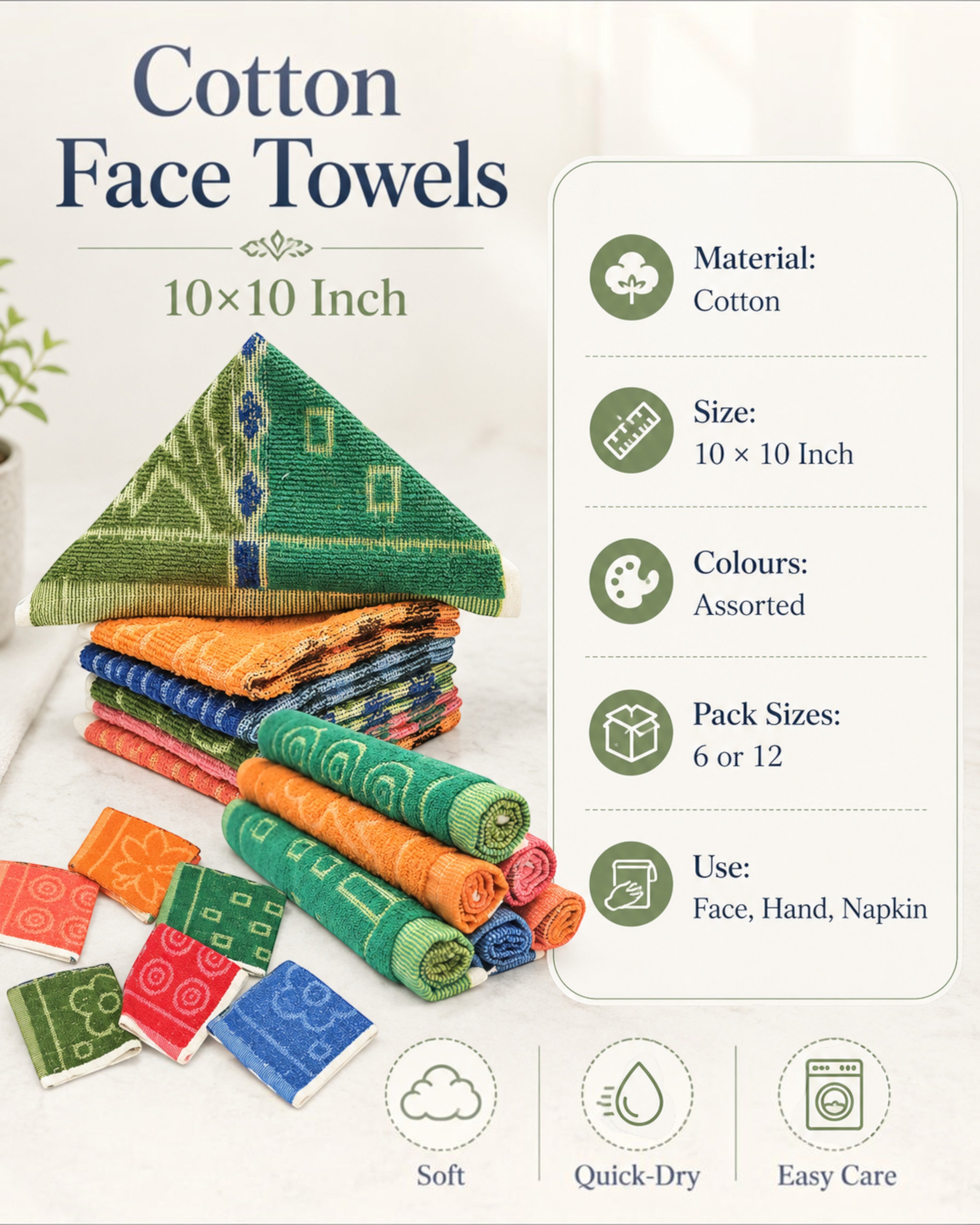 Soft Cotton Face Towels for Men, Women & Kids – 10×10 Inch, Pack of 6/12