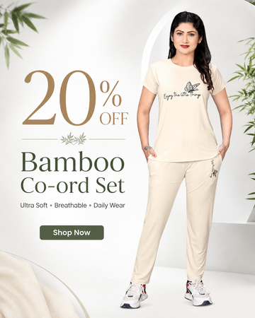 Women’s Bamboo Blend Co-ord Set – Half Sleeve T-Shirt & Lounge Pants | Ultra-Soft 160 GSM Loungewear  | Cream/Ivory