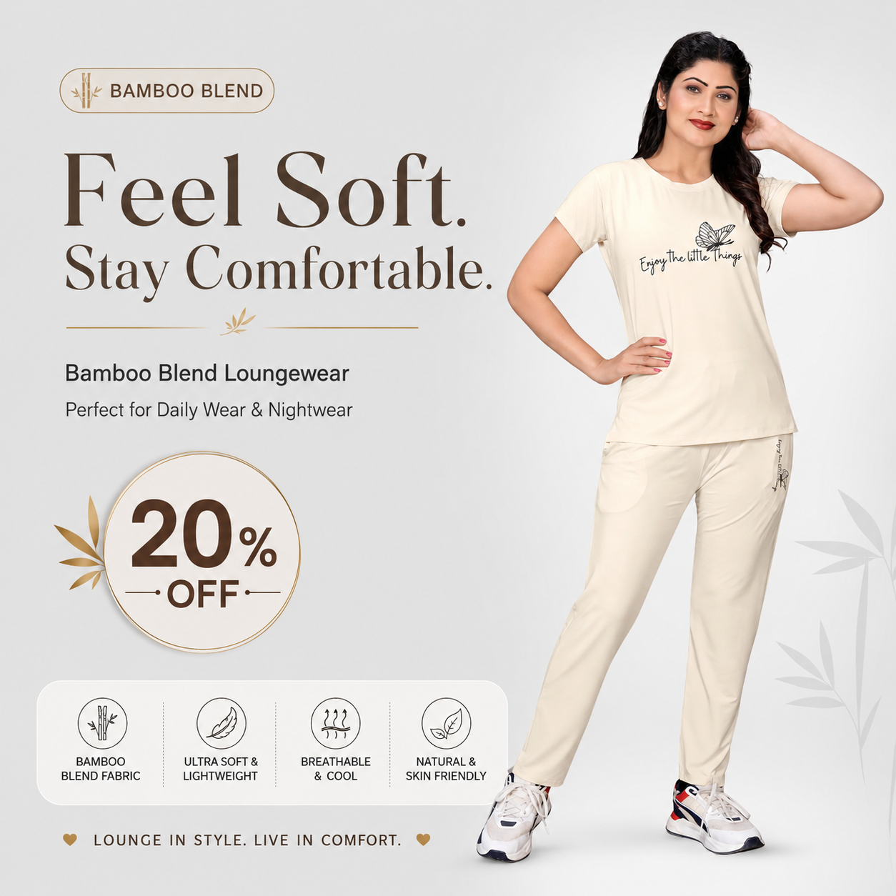 Women’s Bamboo Blend Co-ord Set – Half Sleeve T-Shirt & Lounge Pants | Ultra-Soft 160 GSM Loungewear  | Cream/Ivory