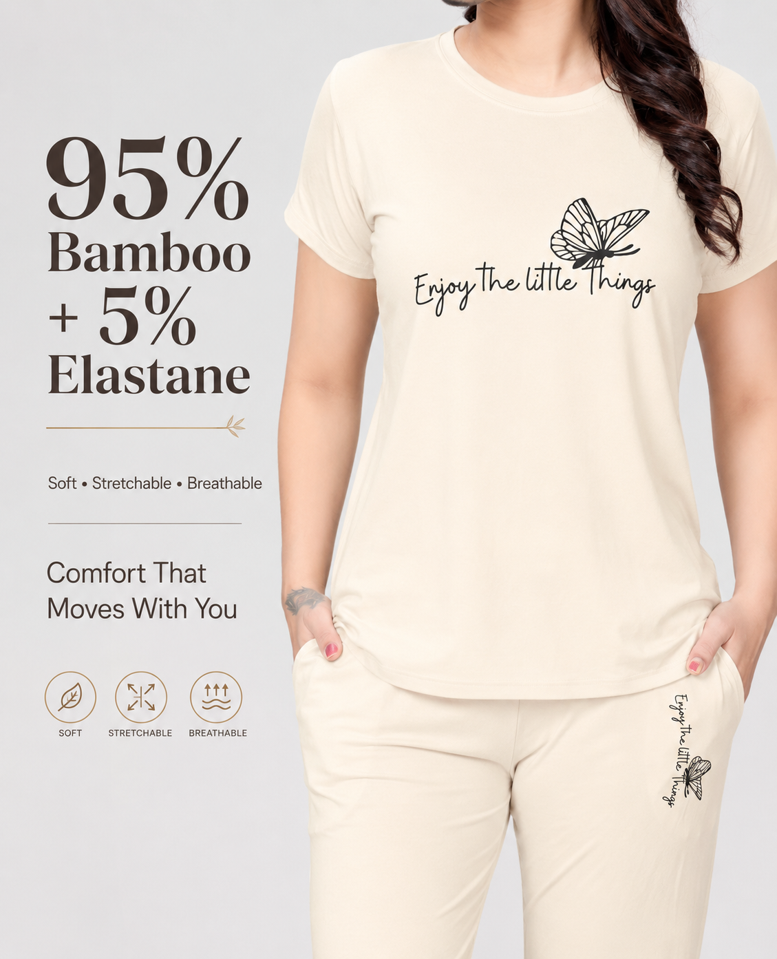 Women’s Bamboo Blend Co-ord Set – Half Sleeve T-Shirt & Lounge Pants | Ultra-Soft 160 GSM Loungewear  | Cream/Ivory