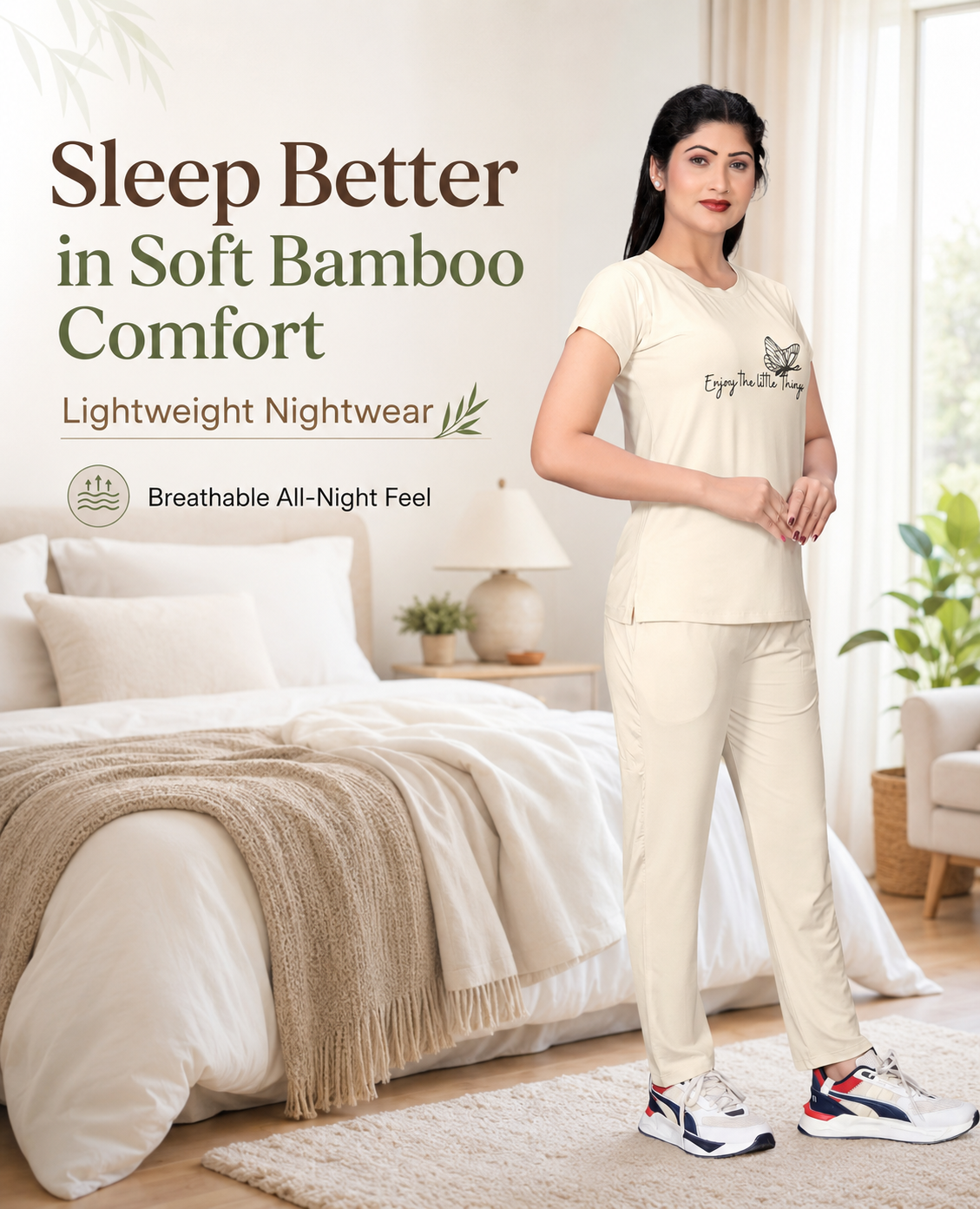 Women’s Bamboo Blend Co-ord Set – Half Sleeve T-Shirt & Lounge Pants | Ultra-Soft 160 GSM Loungewear  | Cream/Ivory