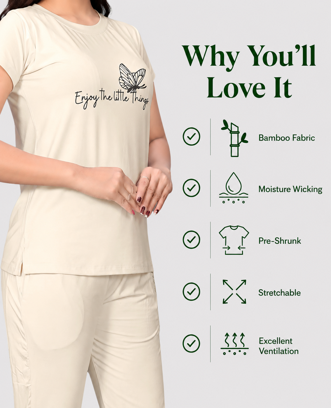Women’s Bamboo Blend Co-ord Set – Half Sleeve T-Shirt & Lounge Pants | Ultra-Soft 160 GSM Loungewear  | Cream/Ivory