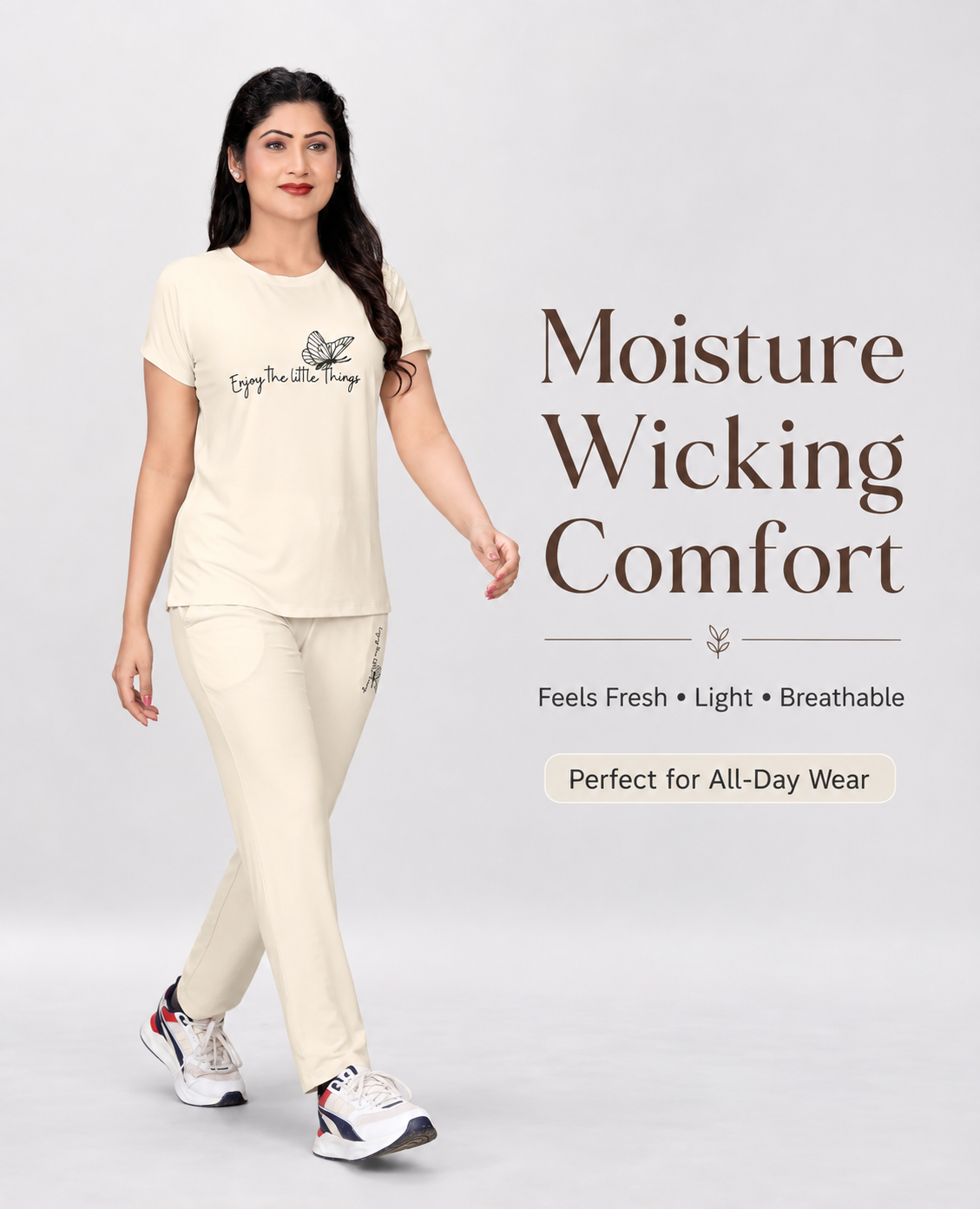 Women’s Bamboo Blend Co-ord Set – Half Sleeve T-Shirt & Lounge Pants | Ultra-Soft 160 GSM Loungewear  | Cream/Ivory