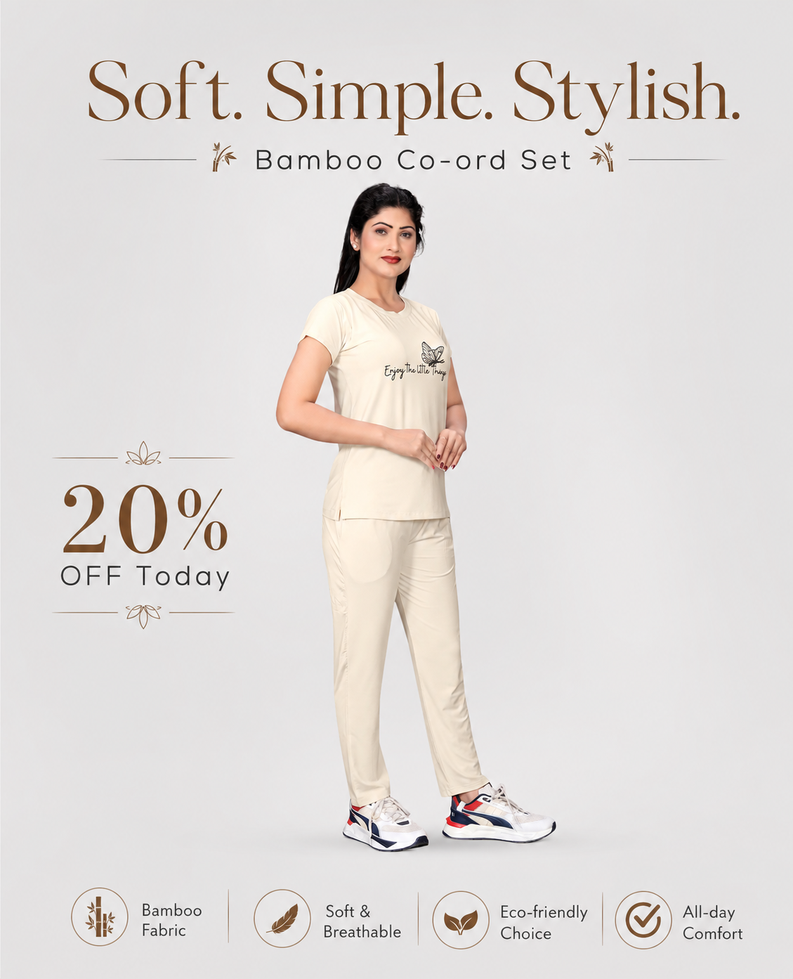 Women’s Bamboo Blend Co-ord Set – Half Sleeve T-Shirt & Lounge Pants | Ultra-Soft 160 GSM Loungewear  | Cream/Ivory