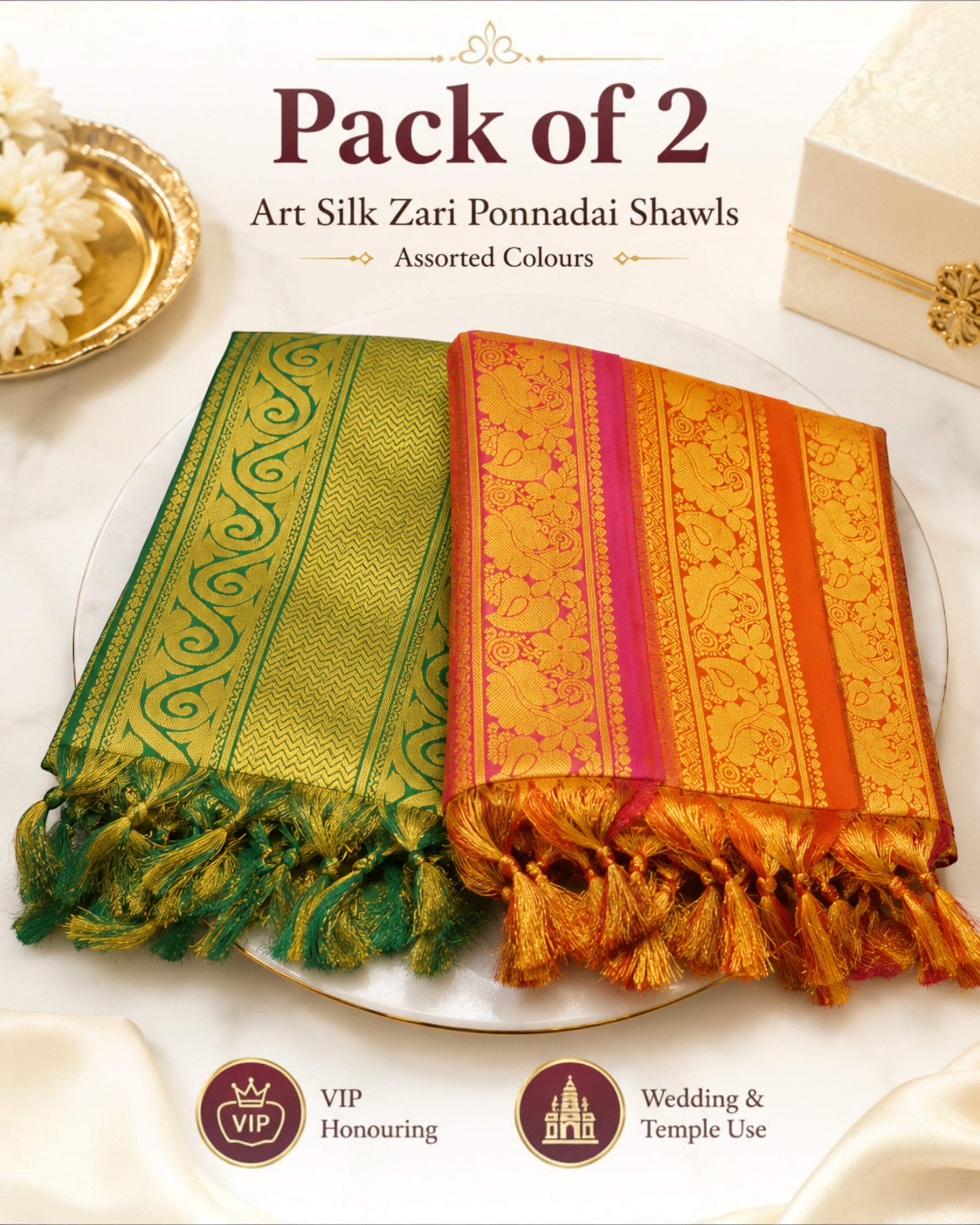 Art Silk Zari Ponnadai Shawls for VIP Honouring – Jari Felicitation Shawls for Men & Women, Assorted Colours, 1.5 m/1.8 m/2 m, Pack of 2, 5 or 10