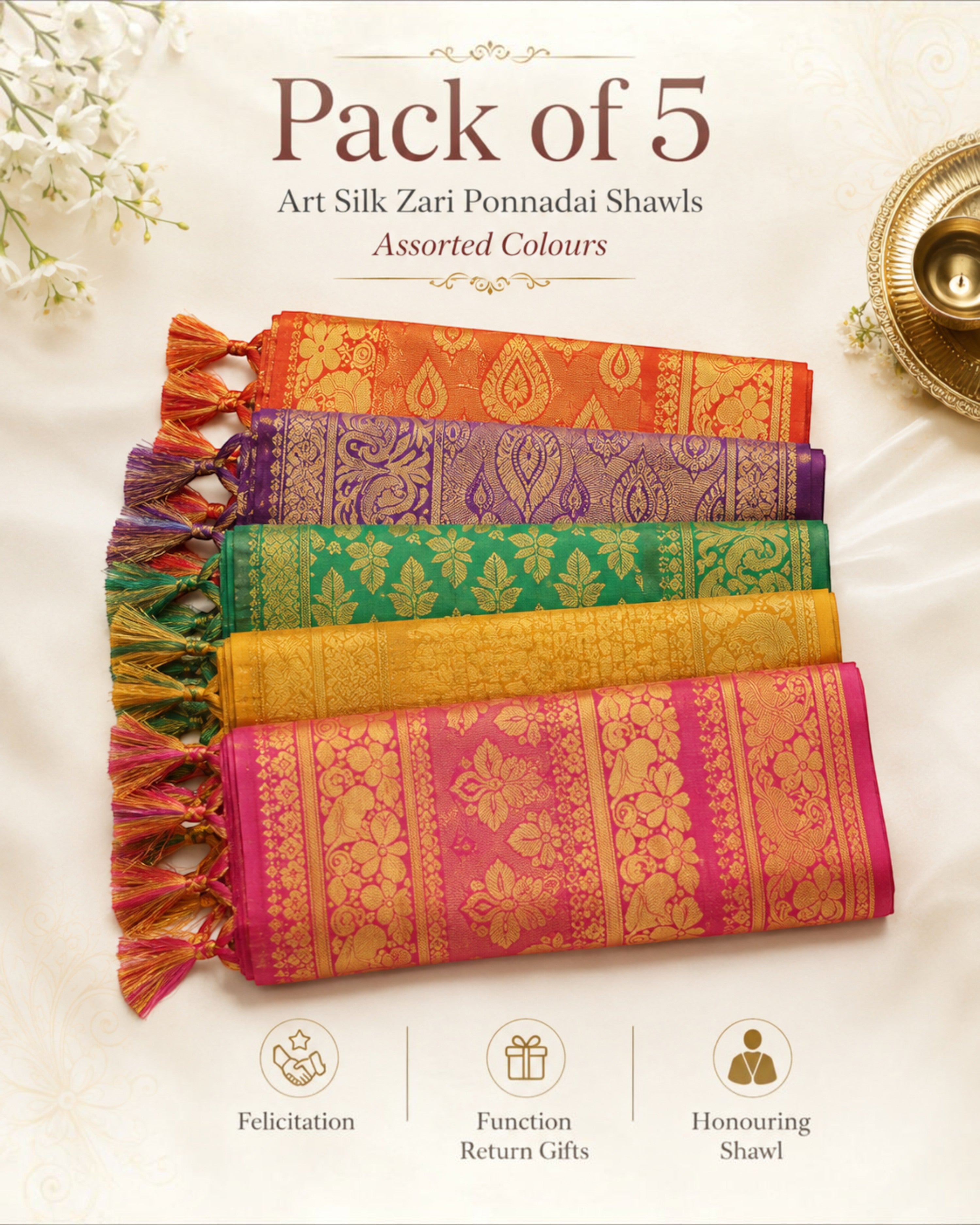 Art Silk Zari Ponnadai Shawls for VIP Honouring – Jari Felicitation Shawls for Men & Women, Assorted Colours, 1.5 m/1.8 m/2 m, Pack of 2, 5 or 10