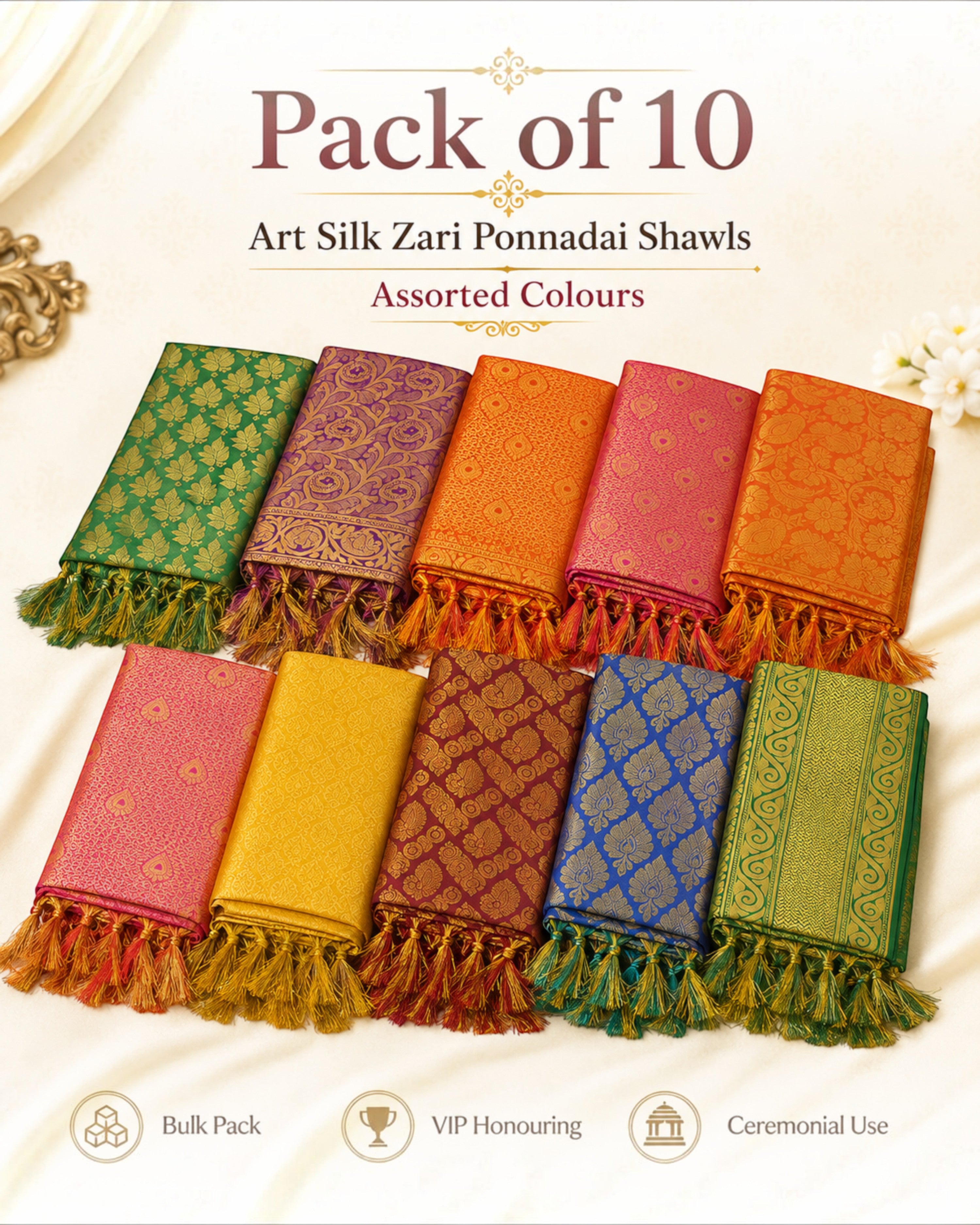 Art Silk Zari Ponnadai Shawls for VIP Honouring – Jari Felicitation Shawls for Men & Women, Assorted Colours, 1.5 m/1.8 m/2 m, Pack of 2, 5 or 10