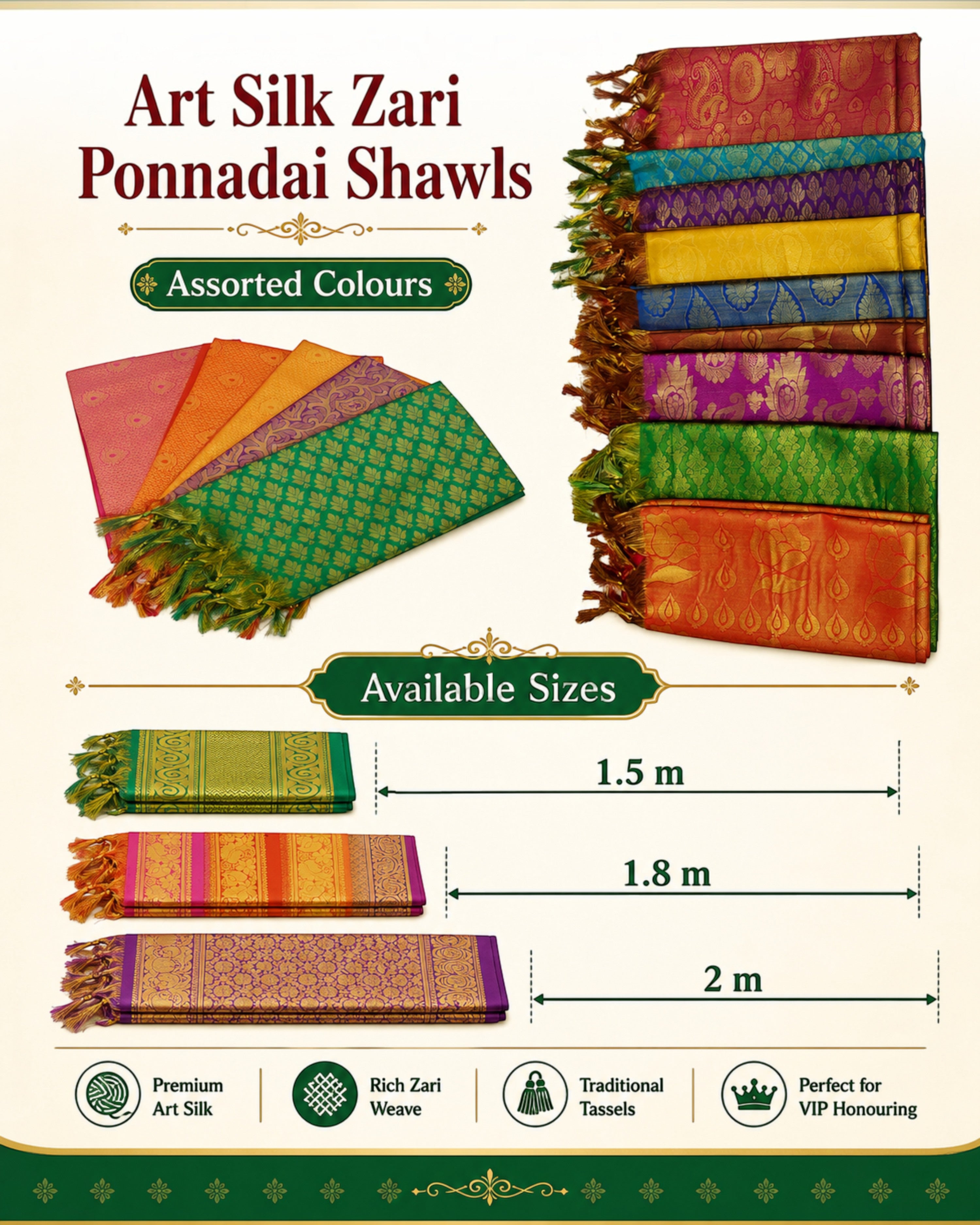 Art Silk Zari Ponnadai Shawls for VIP Honouring – Jari Felicitation Shawls for Men & Women, Assorted Colours, 1.5 m/1.8 m/2 m, Pack of 2, 5 or 10