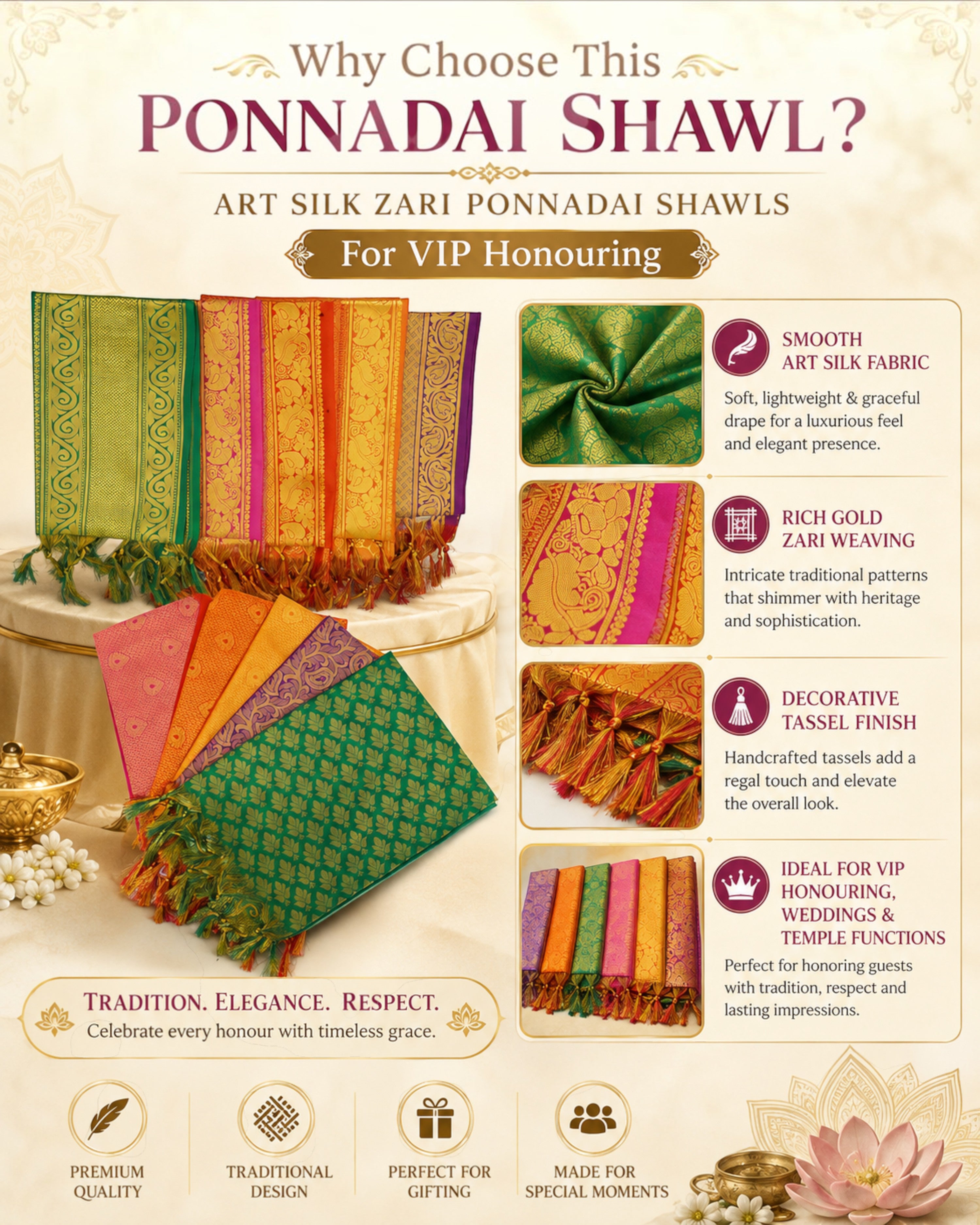 Art Silk Zari Ponnadai Shawls for VIP Honouring – Jari Felicitation Shawls for Men & Women, Assorted Colours, 1.5 m/1.8 m/2 m, Pack of 2, 5 or 10