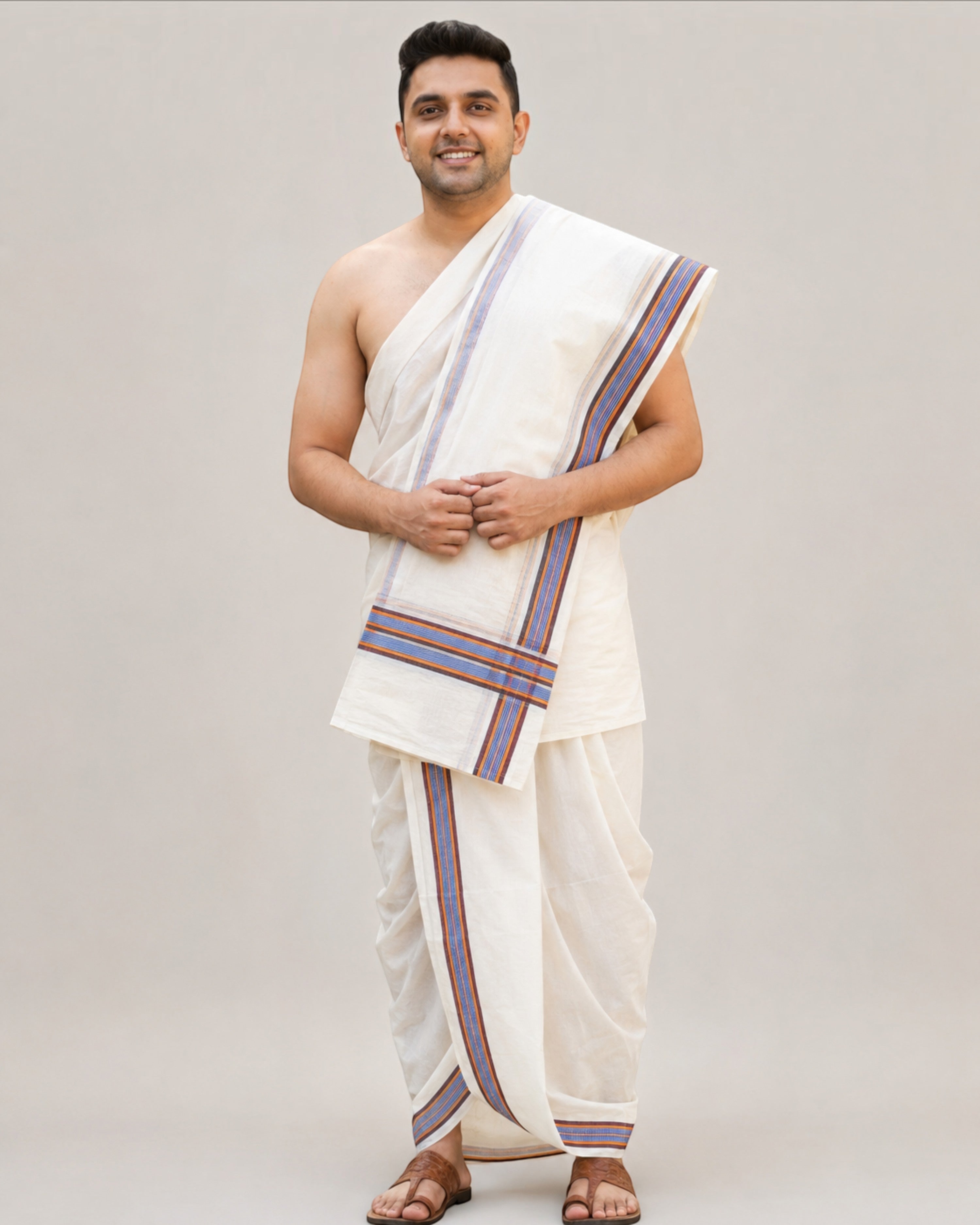 Men’s Cotton Panchakacham 9×5 with Big Ice Cream Border – Unbleached Off-White Dhoti & Towel Set, Dhoti 4 m, Towel 2.2 m