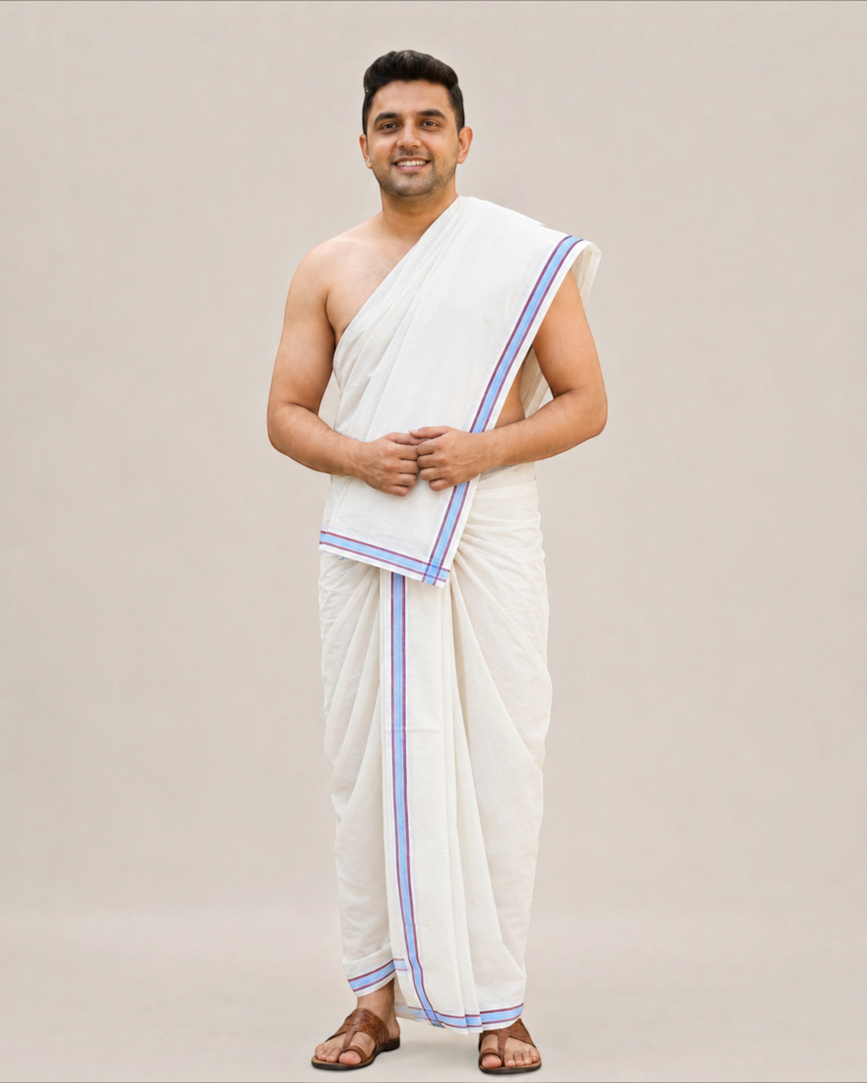 Men’s Cotton Panchakacham 9×5 – Small Ice Cream Border Dhoti & Towel Set