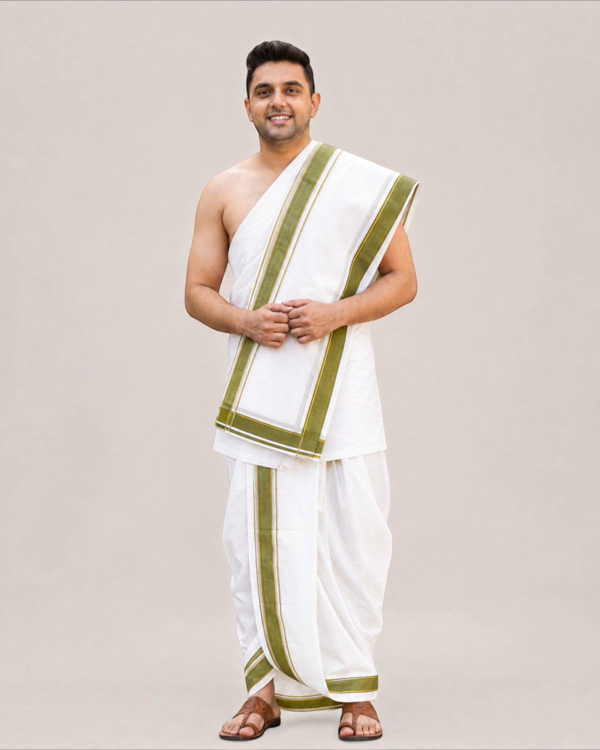Cotton Mens Panjakejam Dhoti & Towel set [9 * 5] Unbleached Cotton Dhoti + Towel set