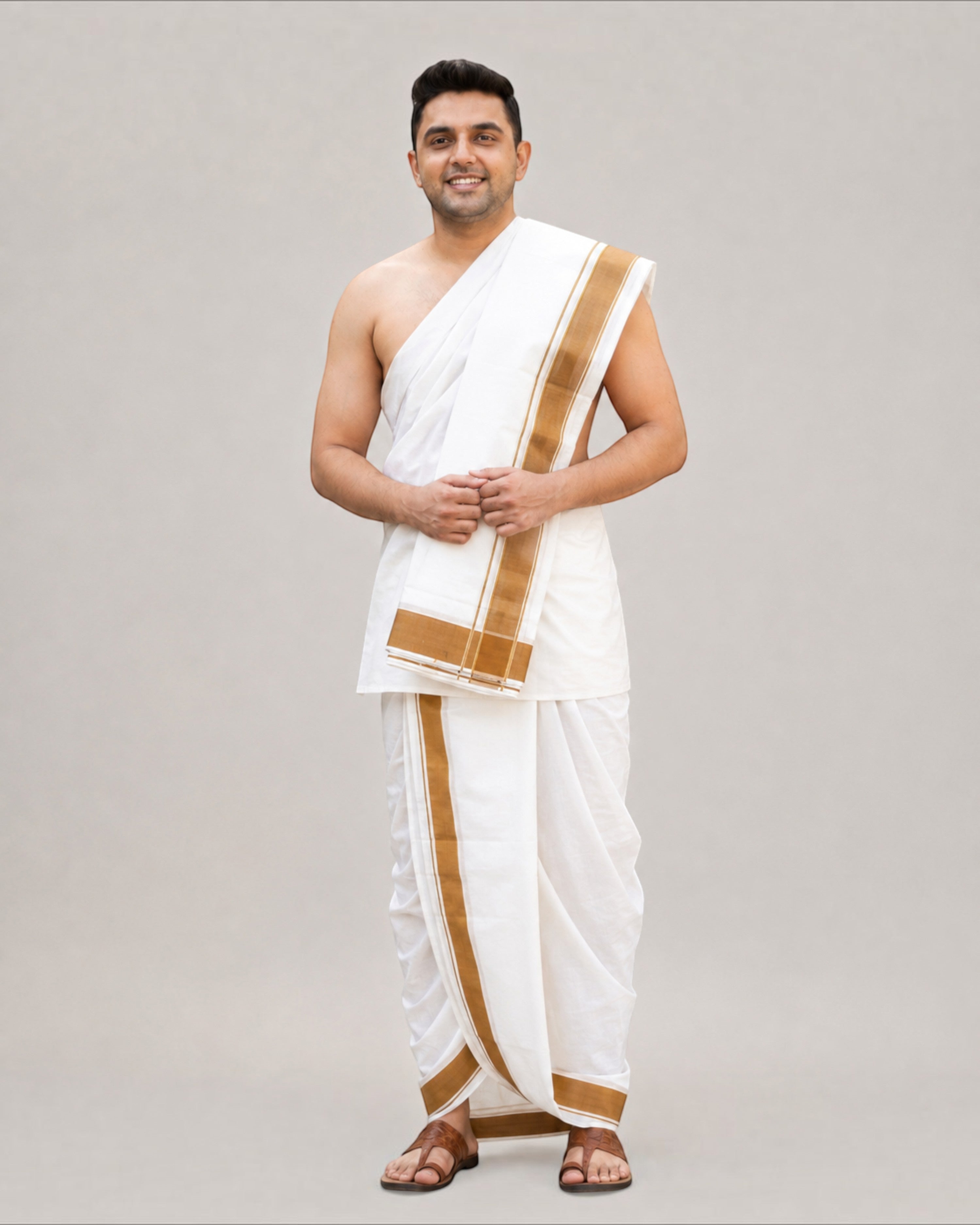 Men’s Traditional White Cotton Blend Panchakacham Dhoti with Mustard Border – Unstitched 9×5 Veshti, 4 m Dhoti with 2.20 m Angavastram
