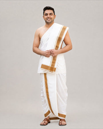 Men’s Traditional White Cotton Blend Panchakacham Dhoti with Mustard Border – Unstitched 9×5 Veshti, 4 m Dhoti with 2.20 m Angavastram