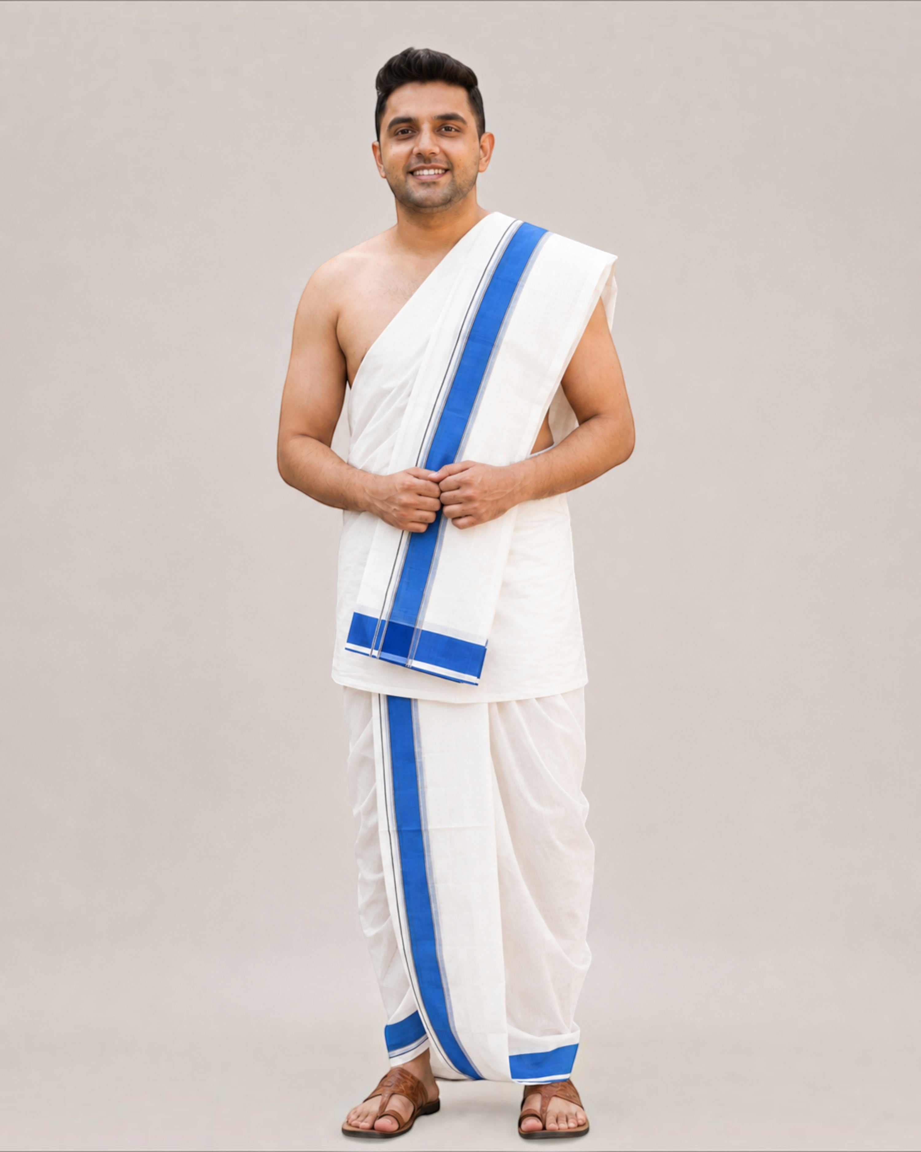 Men’s Traditional White Cotton Panchakacham Dhoti with Blue Border – Unstitched 9×5 Veshti, 4 m Dhoti with 2.20 m Angavastram