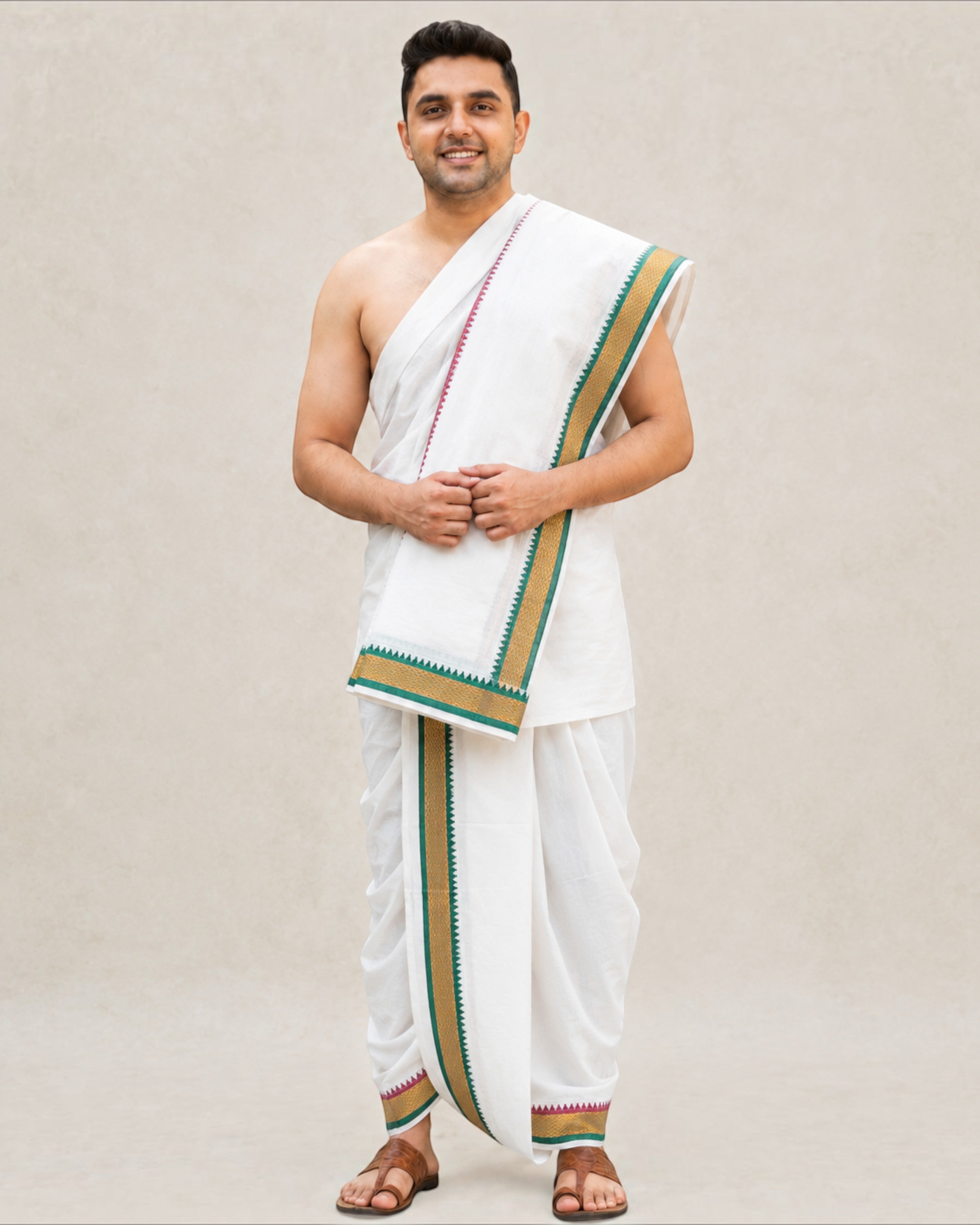 Men’s Cotton Panchakacham 9×5 with Mayilkan Border – Unbleached Off-White Dhoti and Towel Set, Dhoti 4 m, Towel 2.2 m