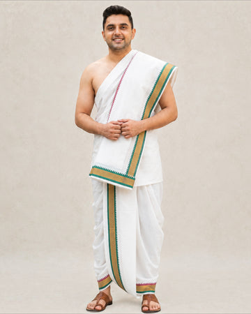 Men’s Cotton Panchakacham 9×5 with Mayilkan Border – Unbleached Off-White Dhoti and Towel Set, Dhoti 4 m, Towel 2.2 m