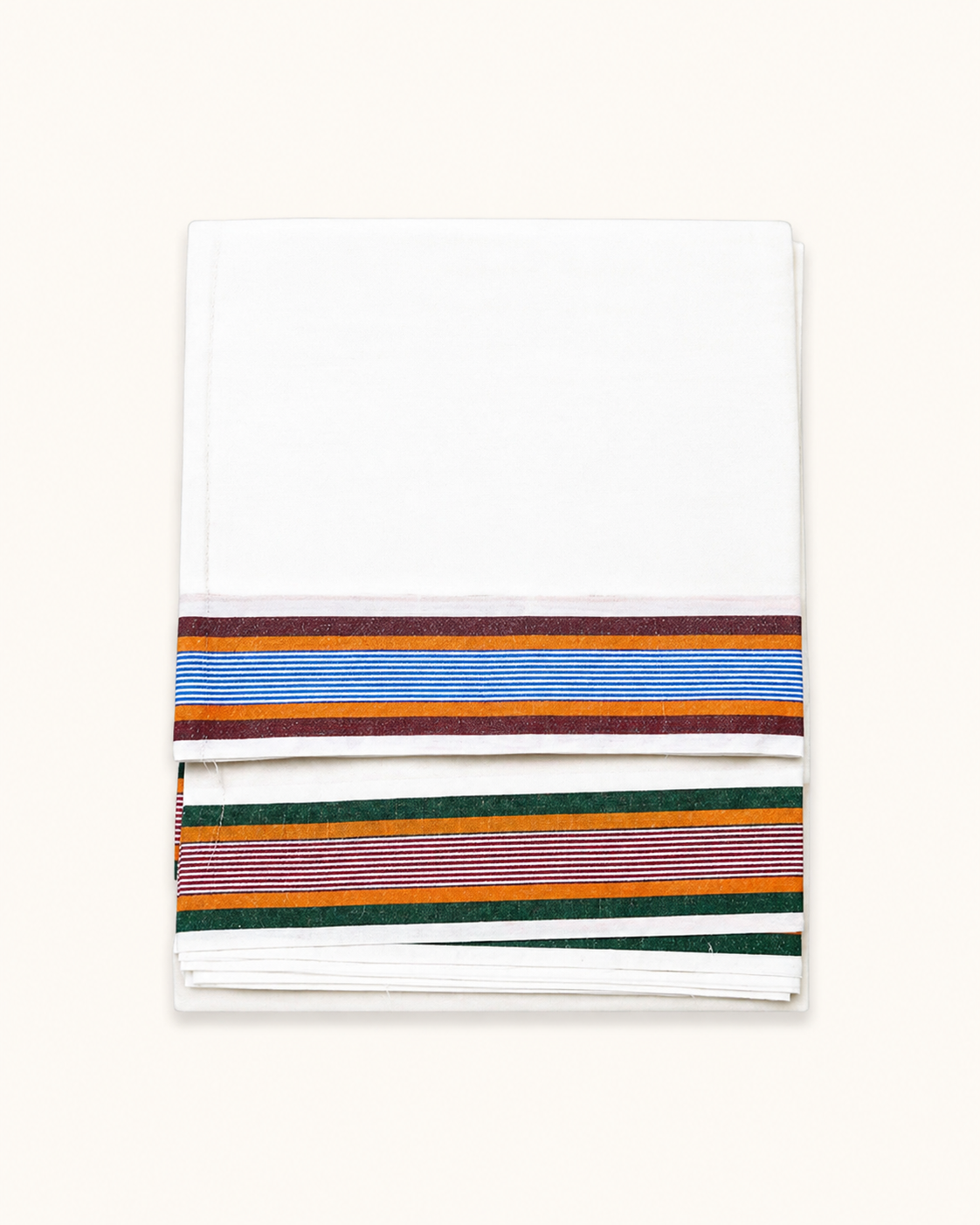 Men’s Cotton Panchakacham 9×5 with Big Ice Cream Border – Unbleached Off-White Dhoti & Towel Set, Dhoti 4 m, Towel 2.2 m