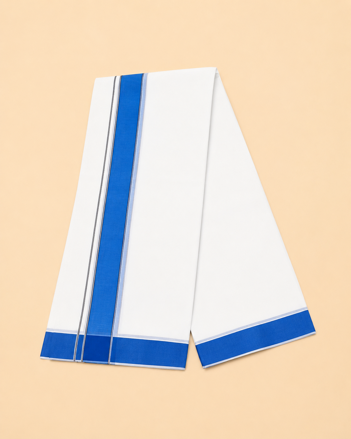Men’s Traditional White Cotton Panchakacham Dhoti with Blue Border – Unstitched 9×5 Veshti, 4 m Dhoti with 2.20 m Angavastram