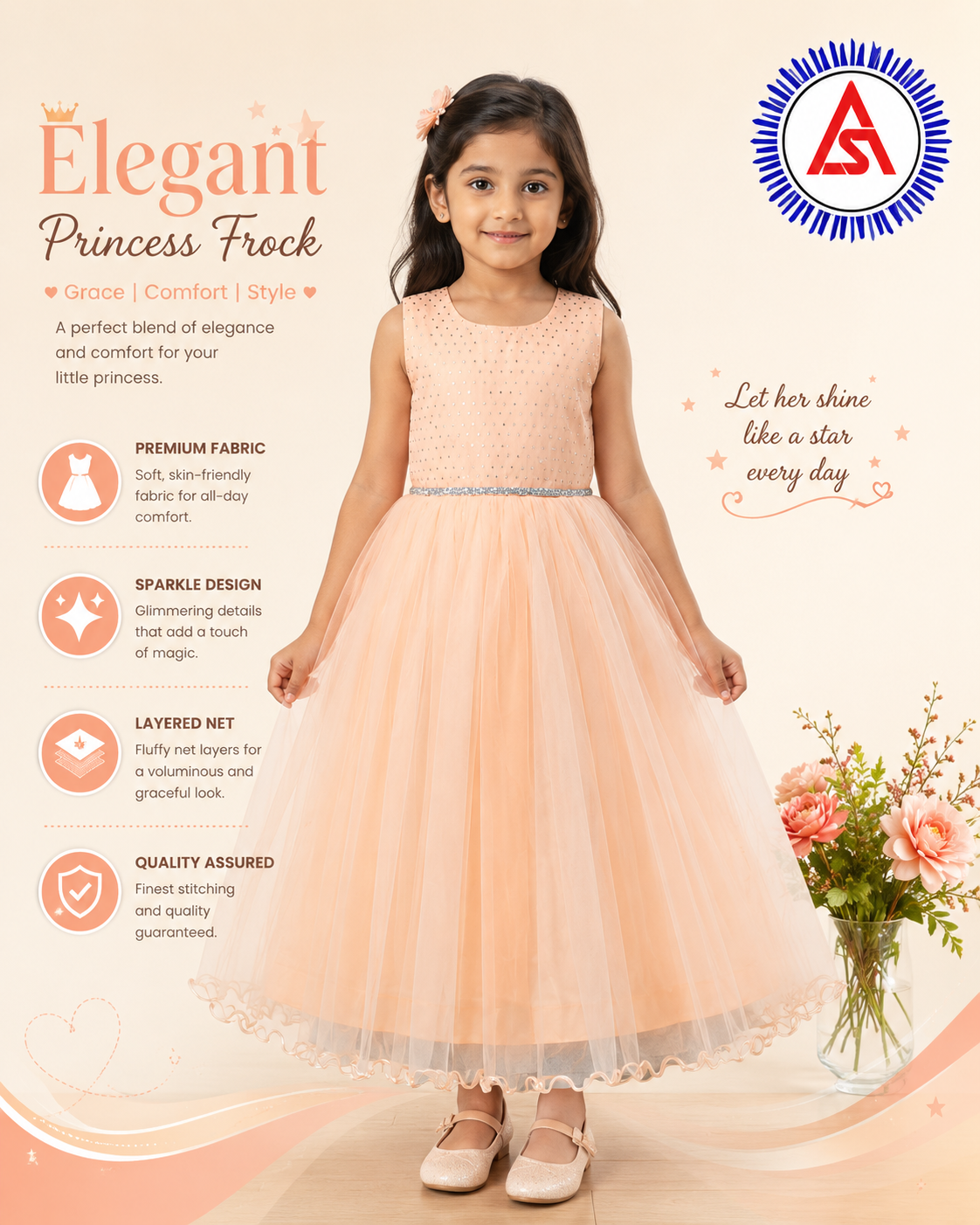 Girls Plain Fancy Long Frock with Short Sleeves – Annual Day Dress