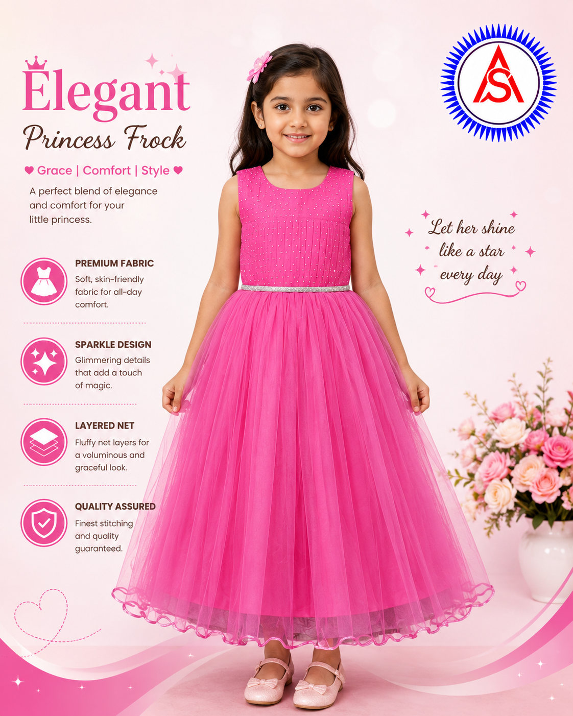 Girls Plain Fancy Long Frock with Short Sleeves – Annual Day Dress