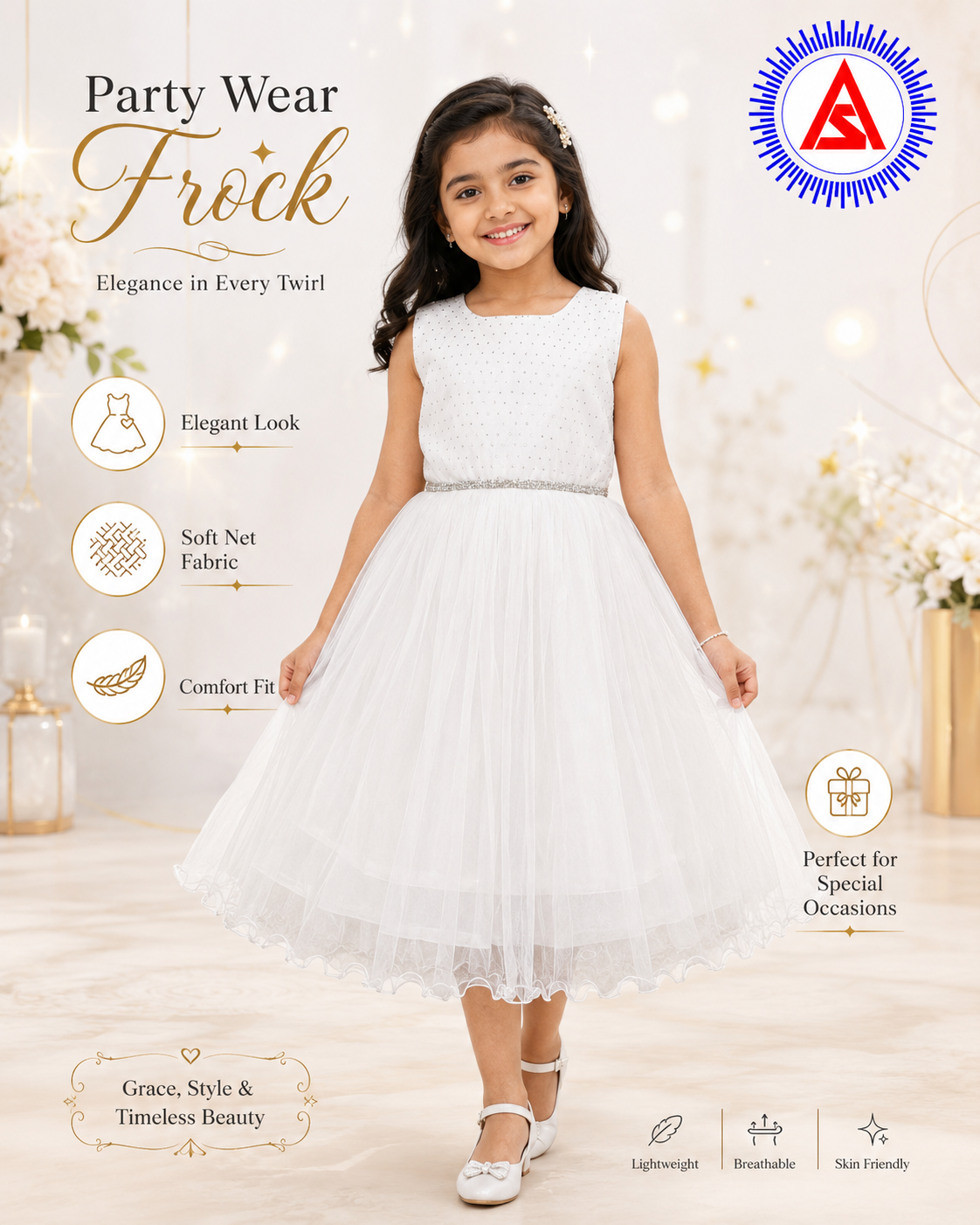Girls Plain Fancy Long Frock with Short Sleeves – Annual Day Dress